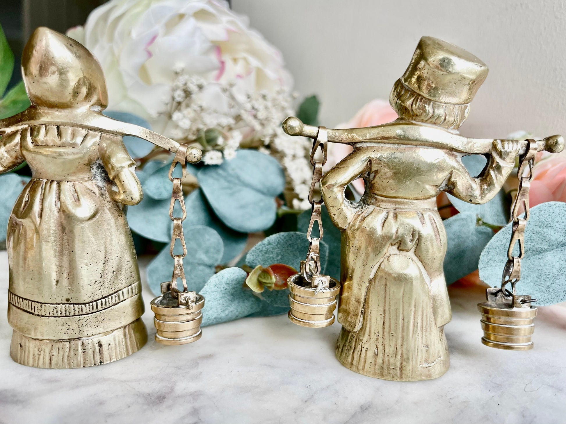 Vintage solid brass Pair of Dutch lady farmer and Milk Carrier, Beautiful old fashioned statuette, Collectible pieces marked as Ostende