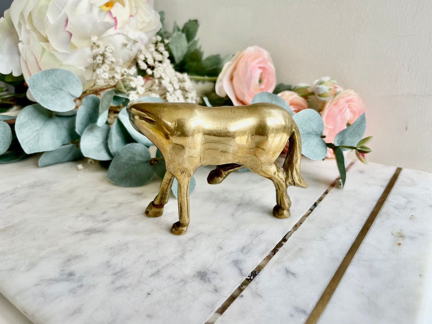 Vintage solid brass small horse grooms itself statue figurine