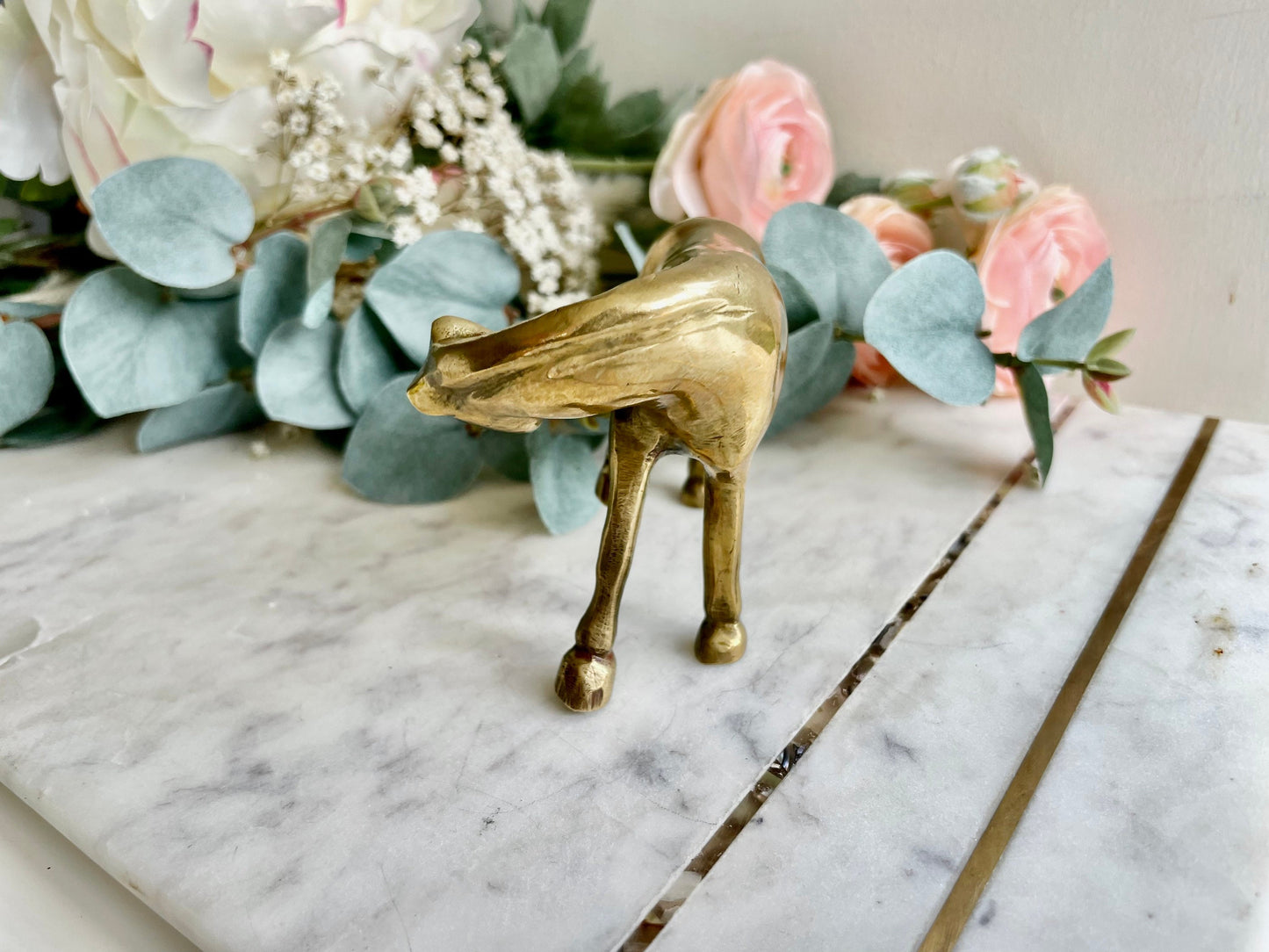 Vintage solid brass small horse grooms itself statue figurine