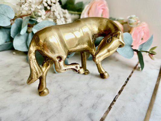 Vintage solid brass small horse grooms itself statue figurine