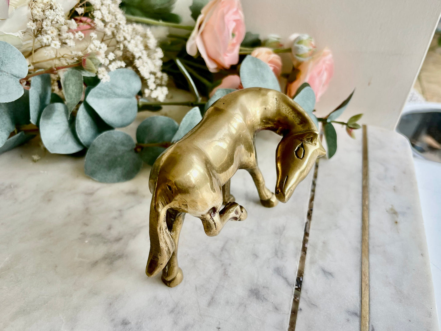 Vintage solid brass small horse grooms itself statue figurine