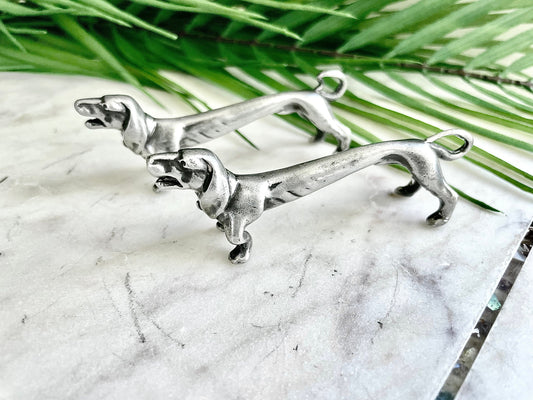 Vintage Pair Of Novelty Silver Plated modelled as barking Dachshund Dog Knife Rests, sausage Dog Cutlery rests