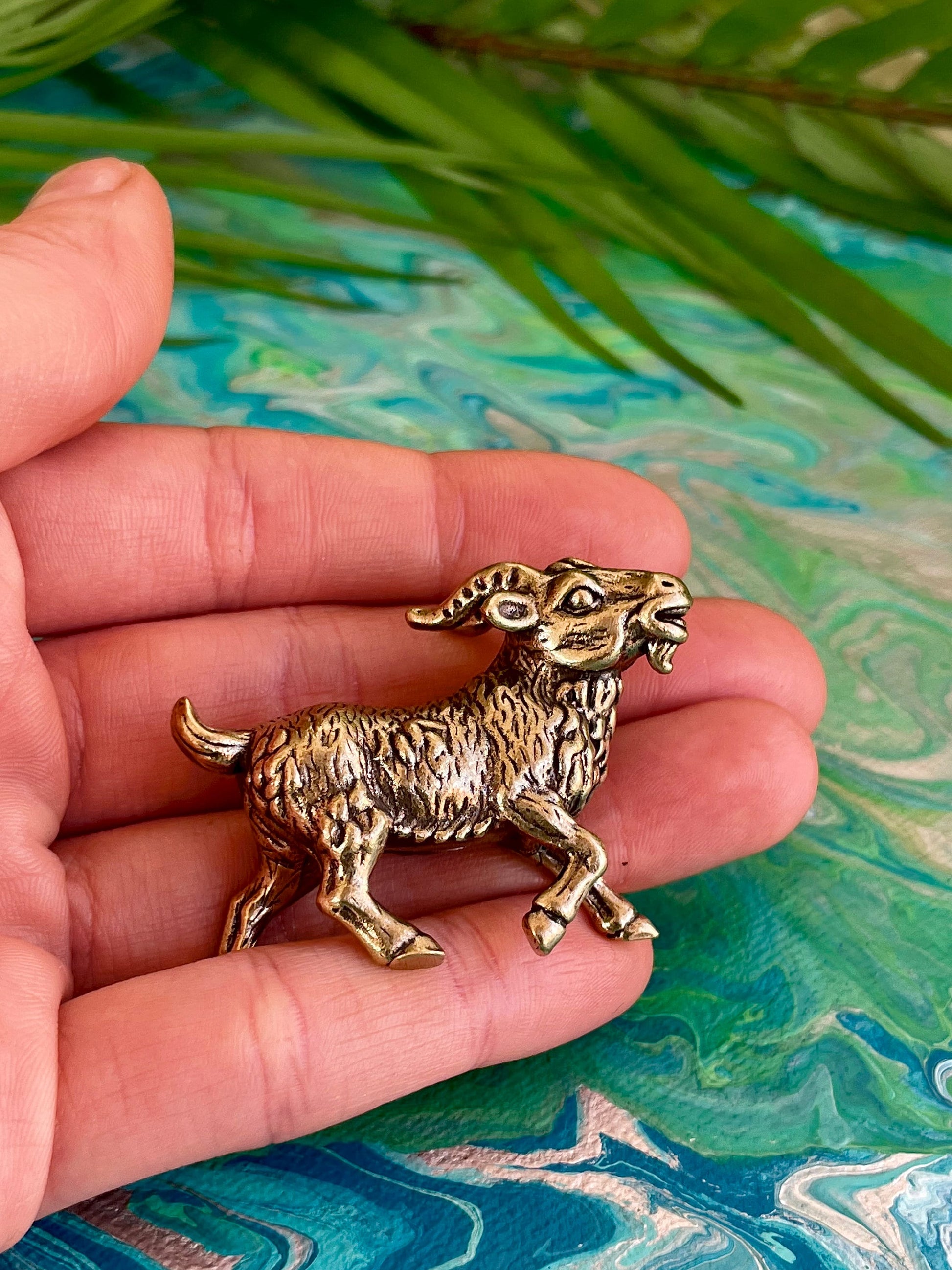 Solid Brass Happy Goat Figurine, Farm Animal Statue, Golden Animal Miniature, Goat Gifts, Metal Art Ornament, Desk Accessories