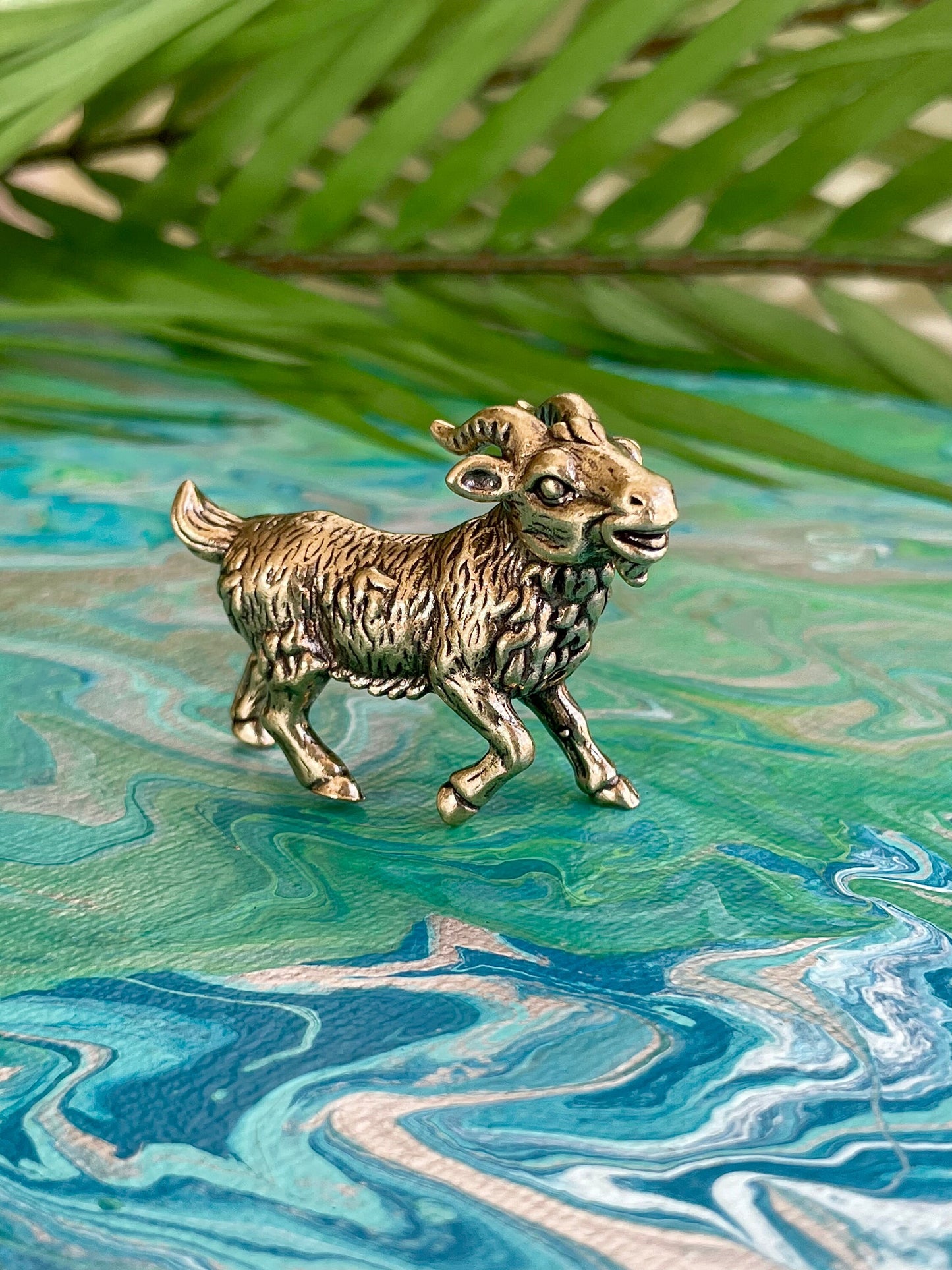 Solid Brass Happy Goat Figurine, Farm Animal Statue, Golden Animal Miniature, Goat Gifts, Metal Art Ornament, Desk Accessories