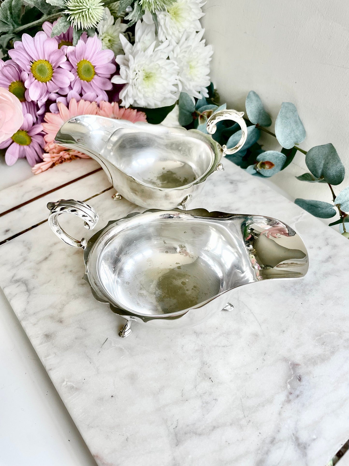 Vintage three footed set of Cream Jugs Mid 20th Century Silver plated