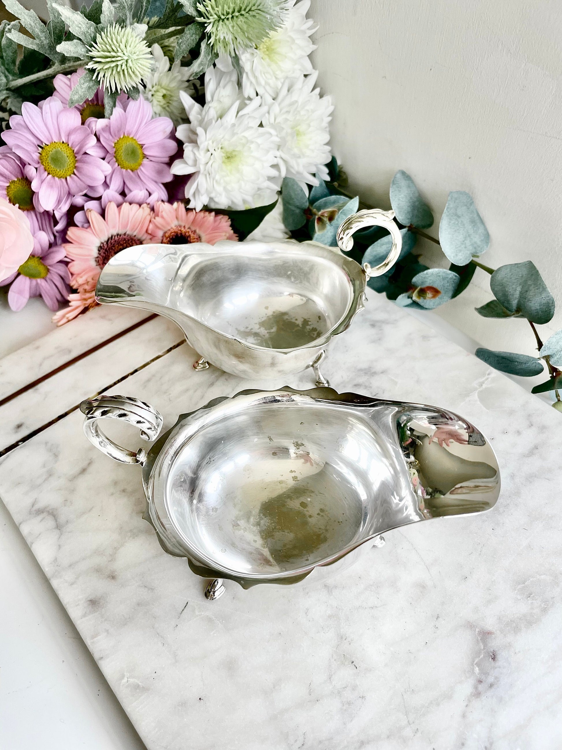 Vintage three footed set of Cream Jugs Mid 20th Century Silver plated