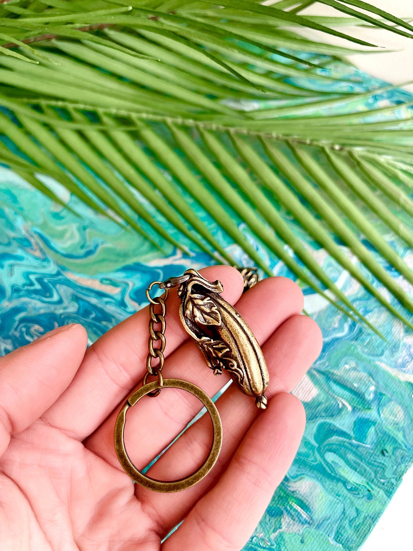 Solid brass blossoming courgette pendant, vegetarian sign cucumber figurine, vegetable keyring, eggplant flower charm