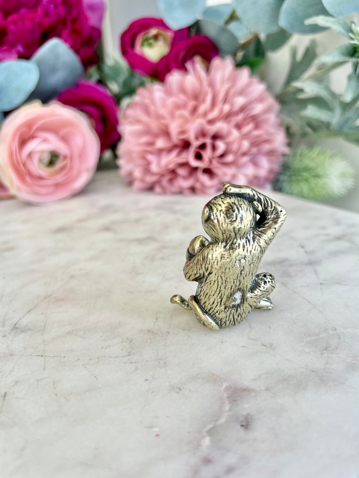 Cheeky Monkey with a peach, macaque figures, Metal Monkey Figurine, Tabletop decoration, monkey Cast Brass, Monkey Sitting Peach miniature
