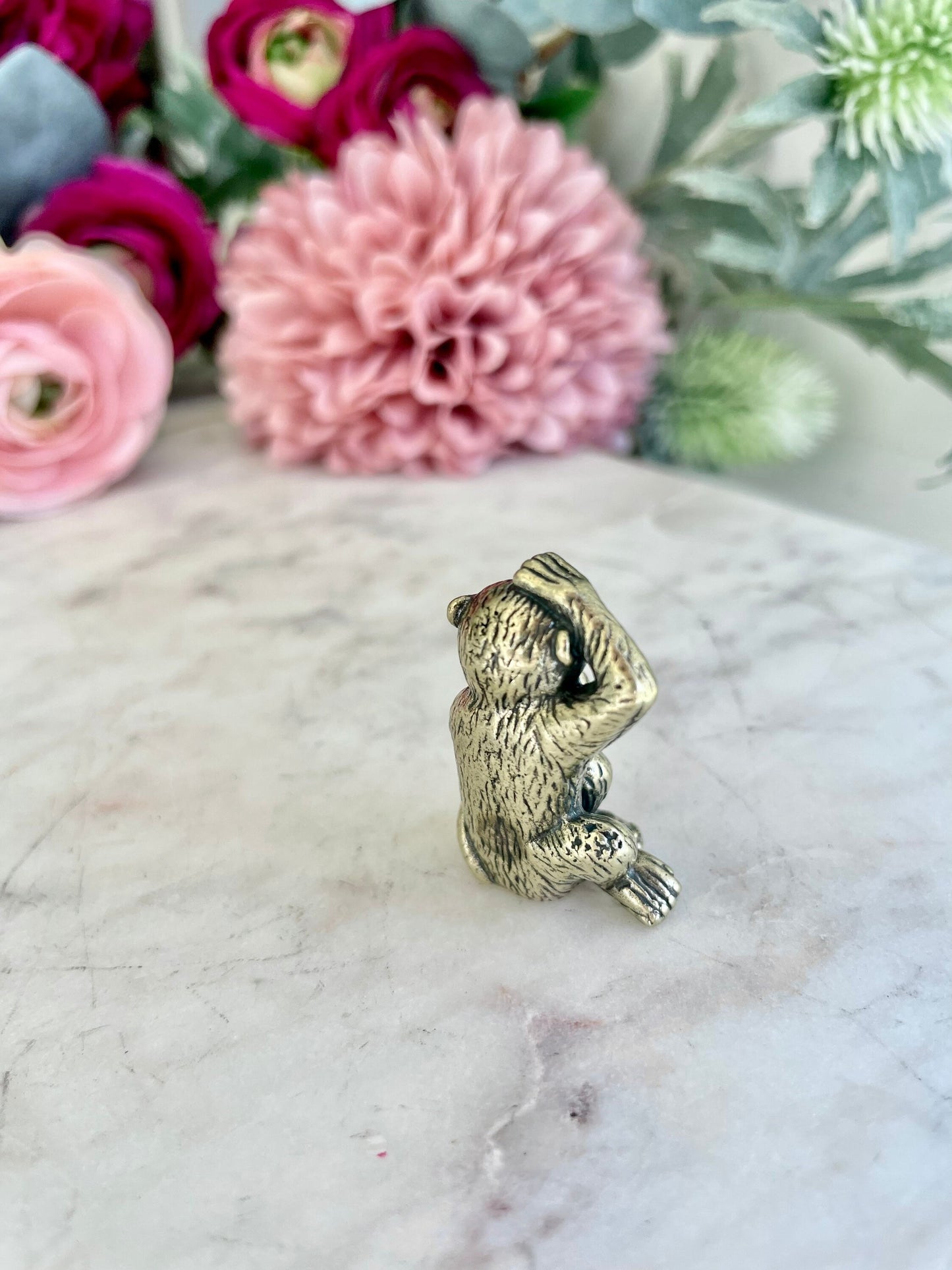 Cheeky Monkey with a peach, macaque figures, Metal Monkey Figurine, Tabletop decoration, monkey Cast Brass, Monkey Sitting Peach miniature