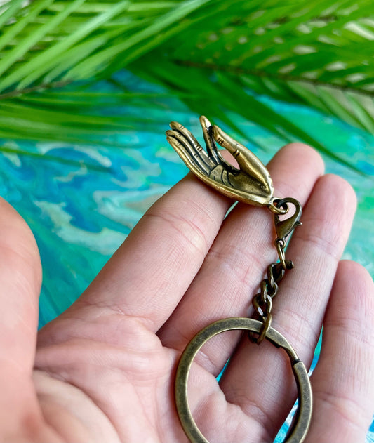 Solid brass Pendant Gyan mudra hand, Palm Buddha, Mudra Talisman, Hand Add consciousness Fortune, Thai Amulet, Buddhist prayer hand keychain