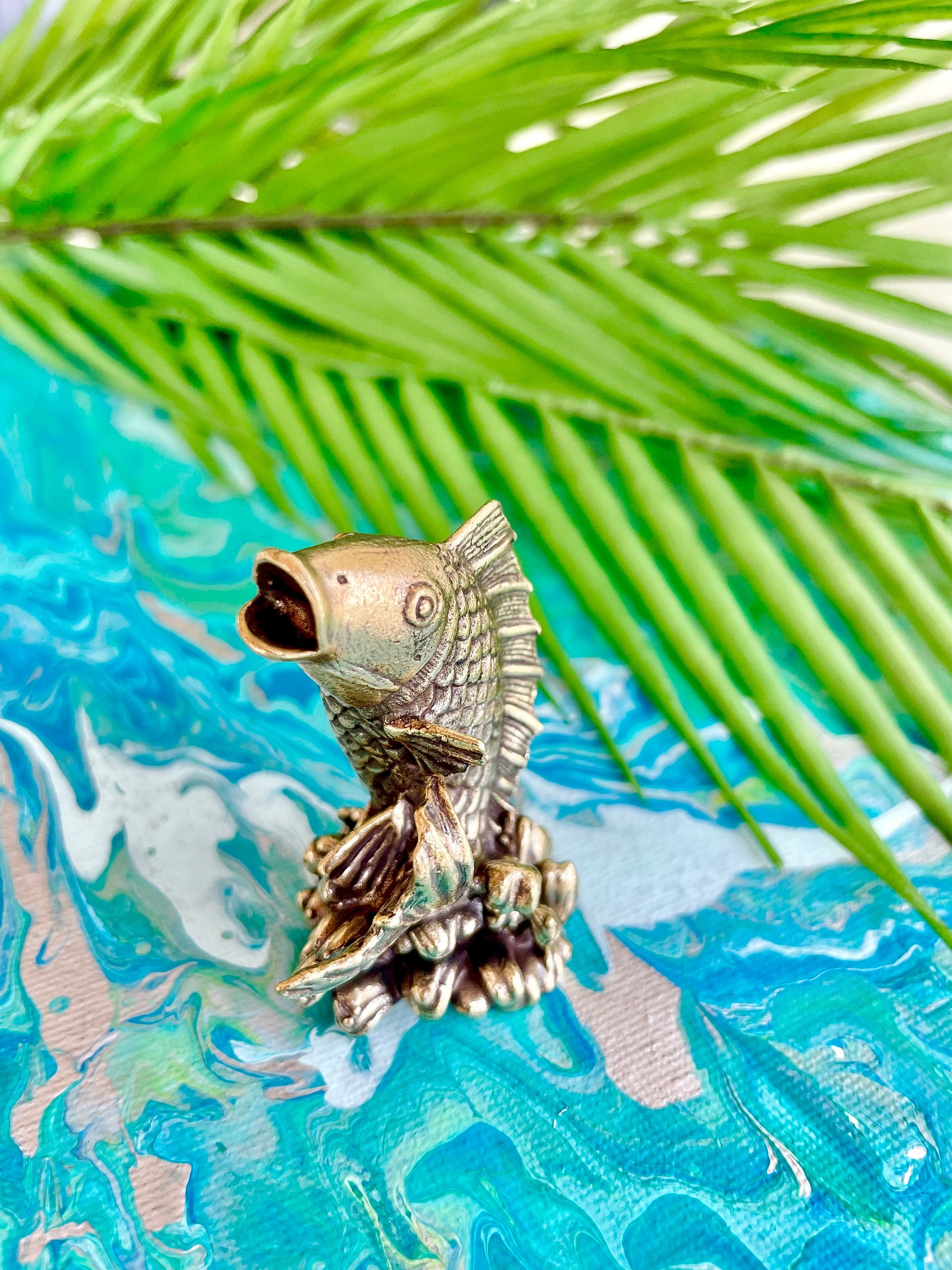 Solid Brass Splashing Carp Fish figurine, Koi Fish Sculpture: A Lifelike Brass Statue for Home or Office Decor