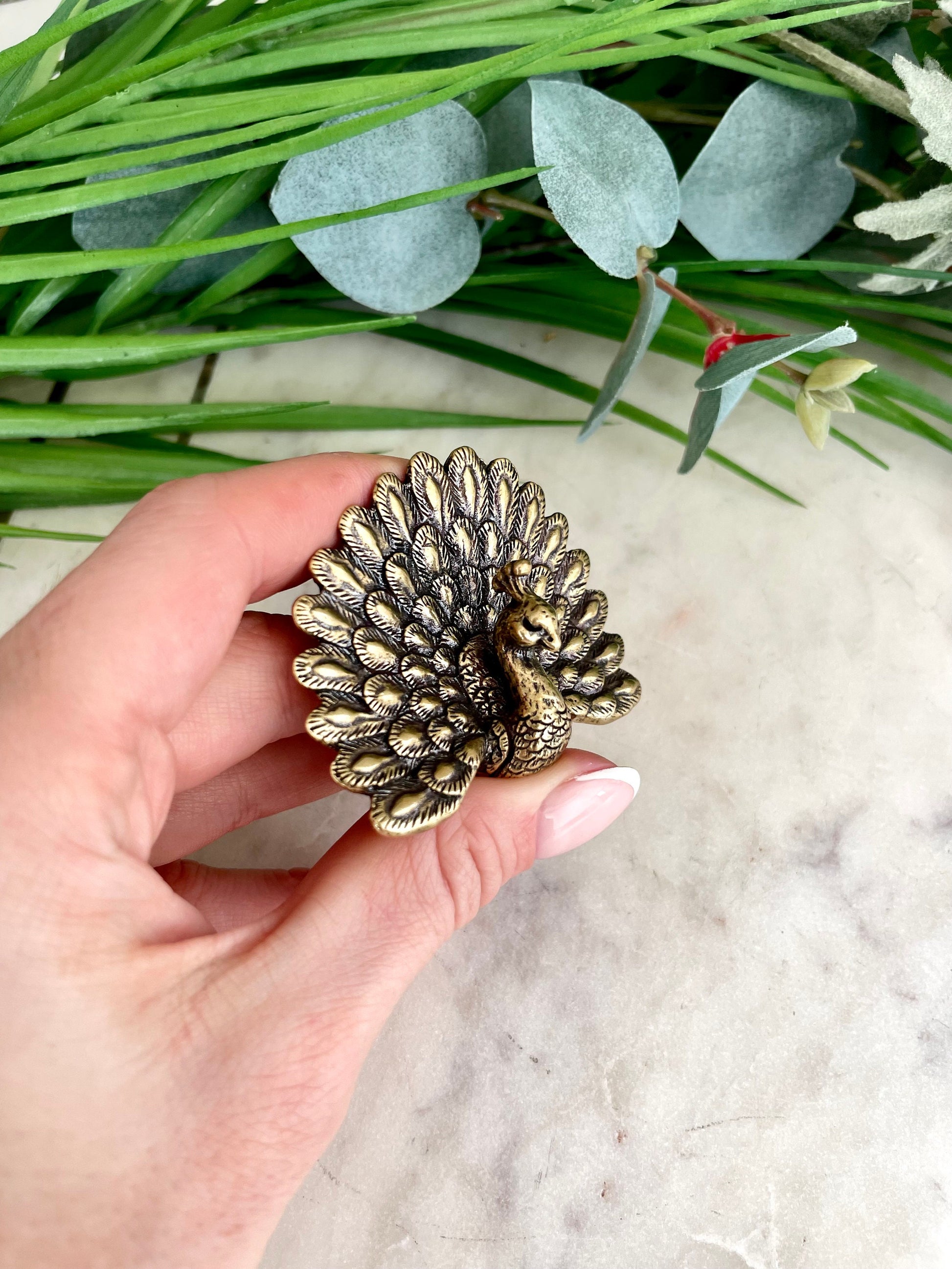 Solid Brass Peacock Figurine, Brass Bohemian Ornament, Tropical bird miniature, Beautiful Metal Paperweight, Eclectic Decor