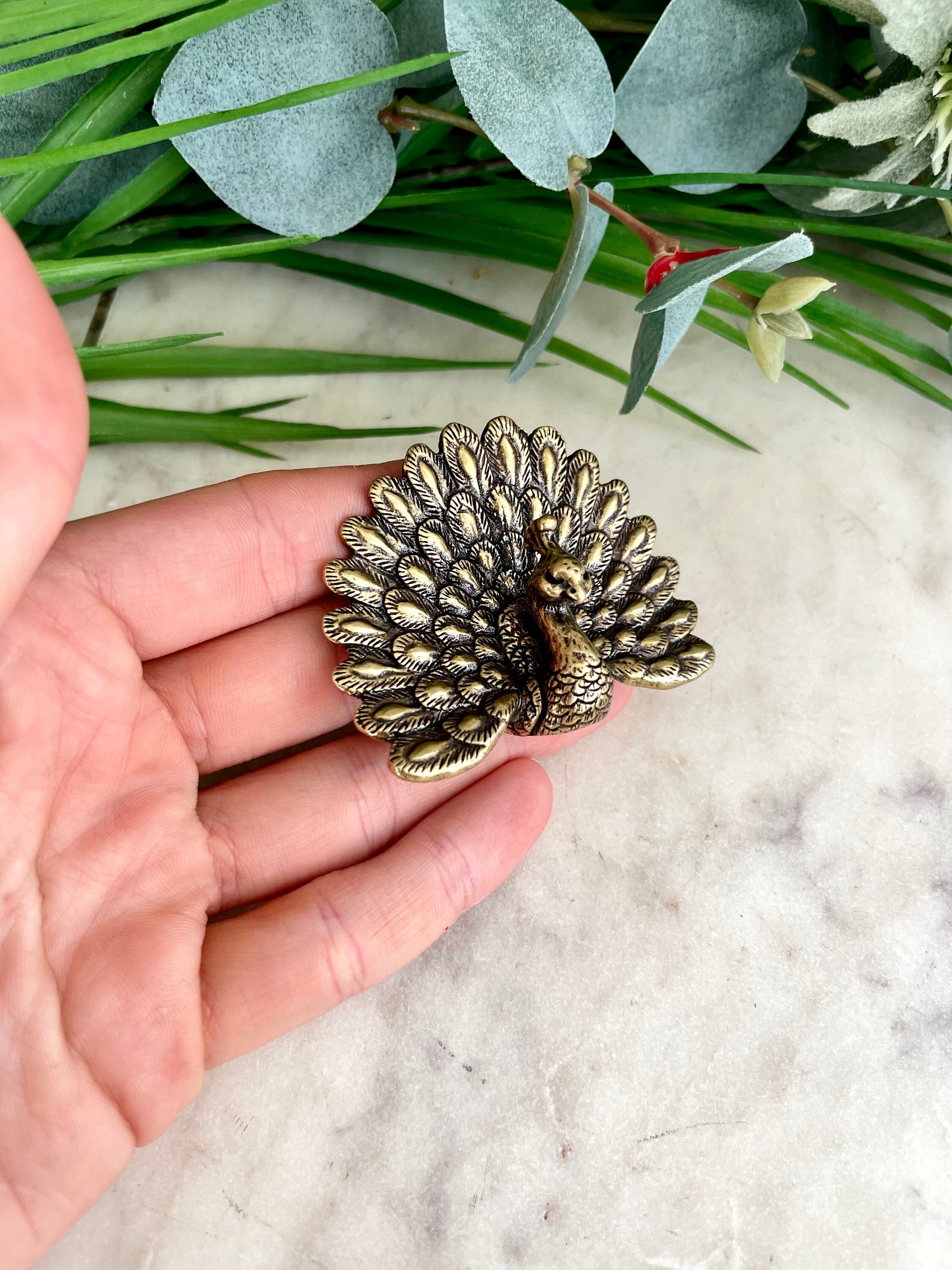 Solid Brass Peacock Figurine, Brass Bohemian Ornament, Tropical bird miniature, Beautiful Metal Paperweight, Eclectic Decor