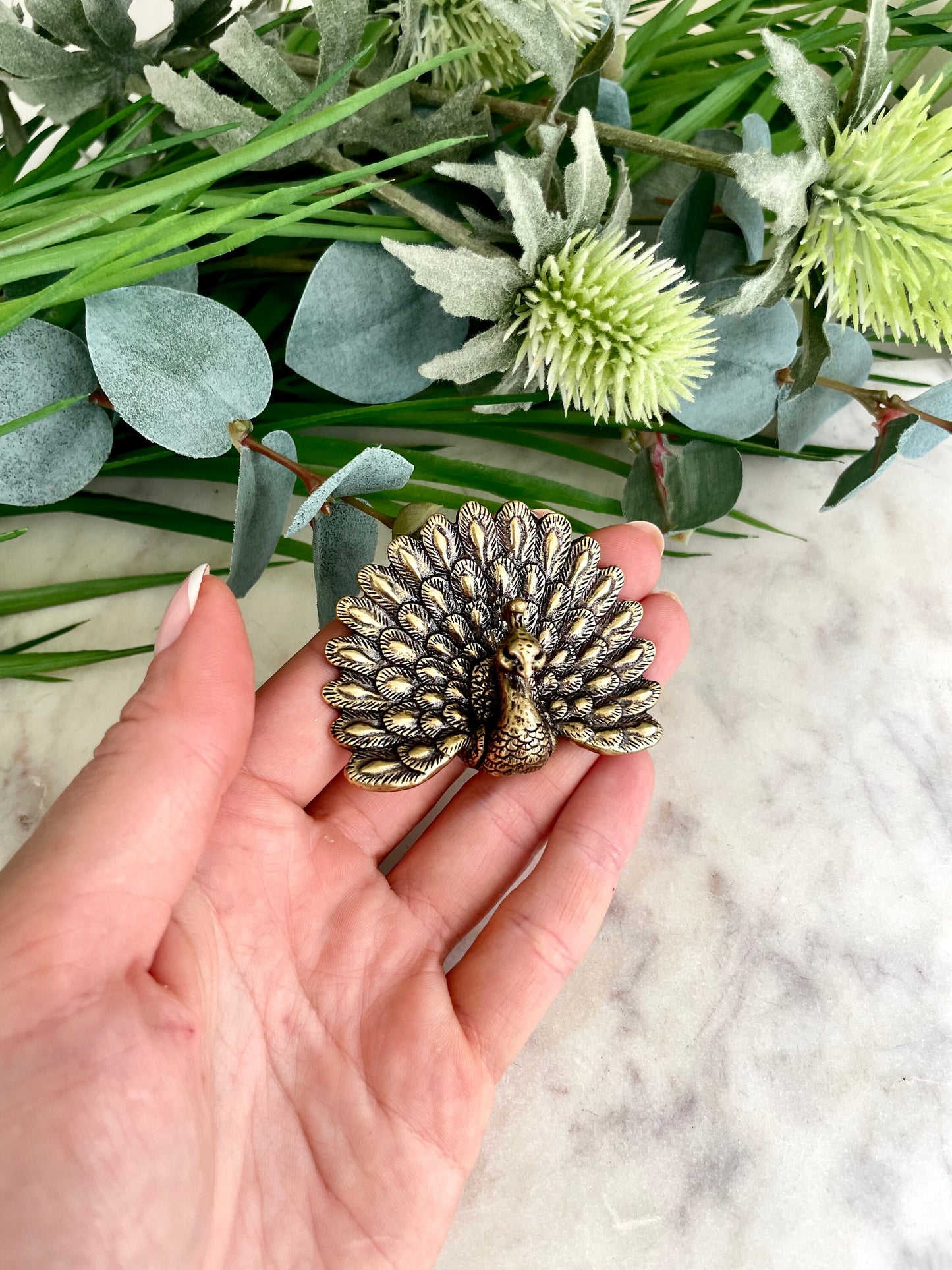 Solid Brass Peacock Figurine, Brass Bohemian Ornament, Tropical bird miniature, Beautiful Metal Paperweight, Eclectic Decor