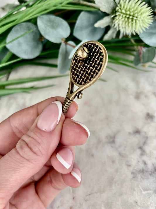 Solid brass Tennis Racquet Charm, little gift for tennis players, mini golden tennis racket keychain