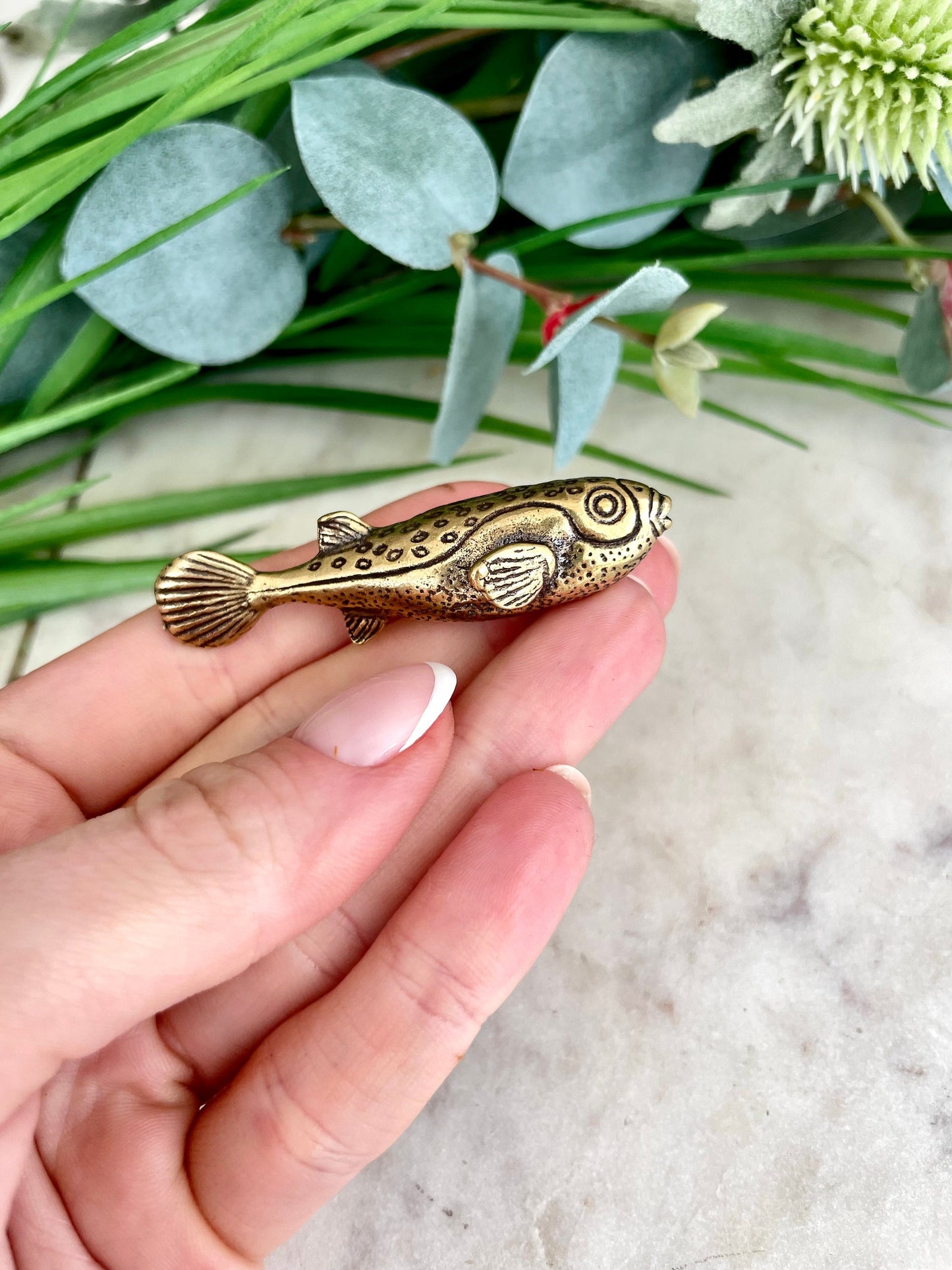 Solid Brass Fugu Fish Sculpture: Oceanic Gift - Bonsai & Terrarium Accent, Collectible Luck Charm, Home/Office Decor, Fung Shui Aesthetic