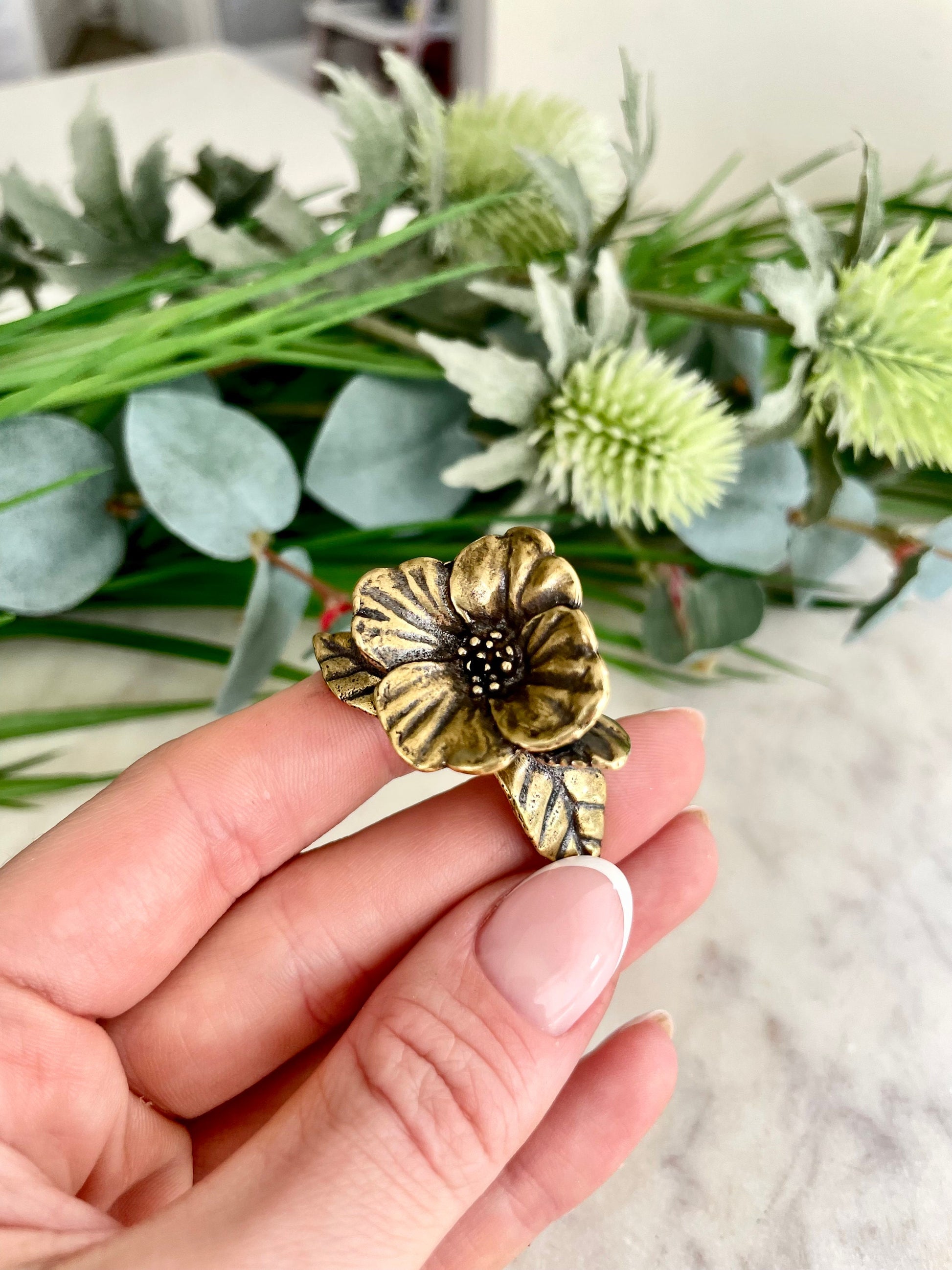 Solid brass hibiscus button figurine, Beautiful metal flower, Blooming flower miniature, Charming gift for her