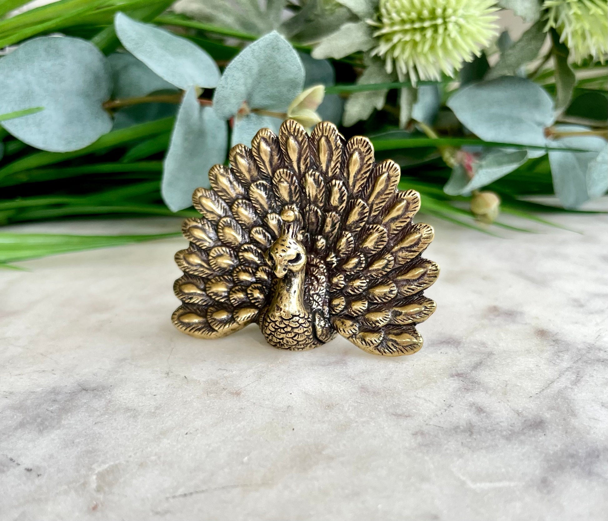 Solid Brass Peacock Figurine, Brass Bohemian Ornament, Tropical bird miniature, Beautiful Metal Paperweight, Eclectic Decor
