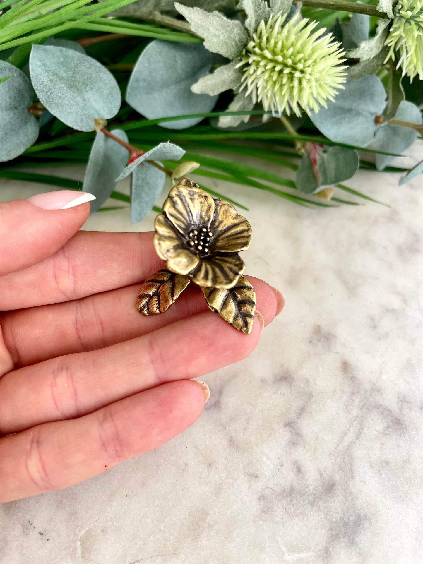 Solid brass hibiscus button figurine, Beautiful metal flower, Blooming flower miniature, Charming gift for her