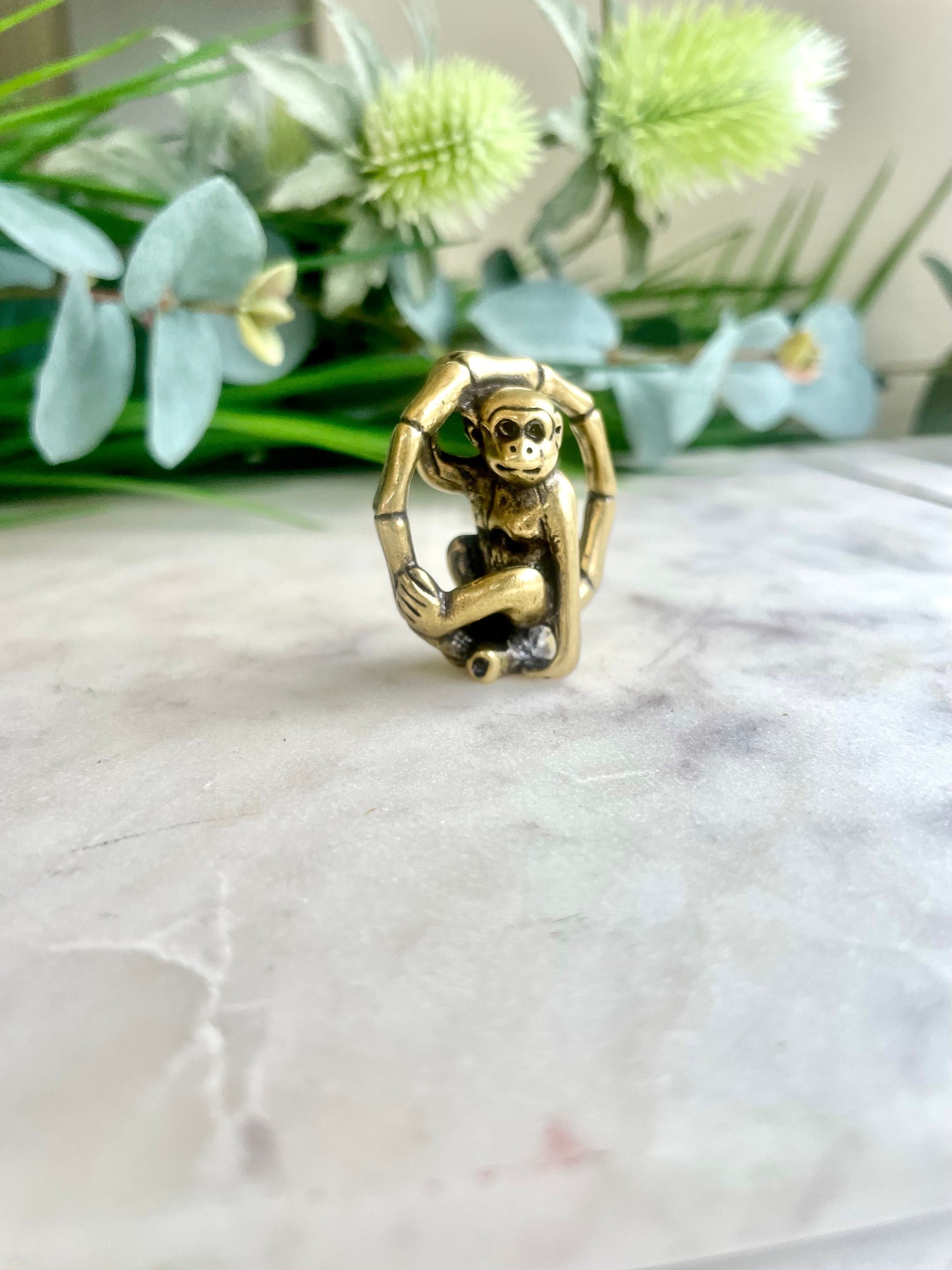 Solid Brass funny monkey on bamboo figurine , Metal Macaque figurine, Cute Gibbon Monkey sitting on bamboo miniature