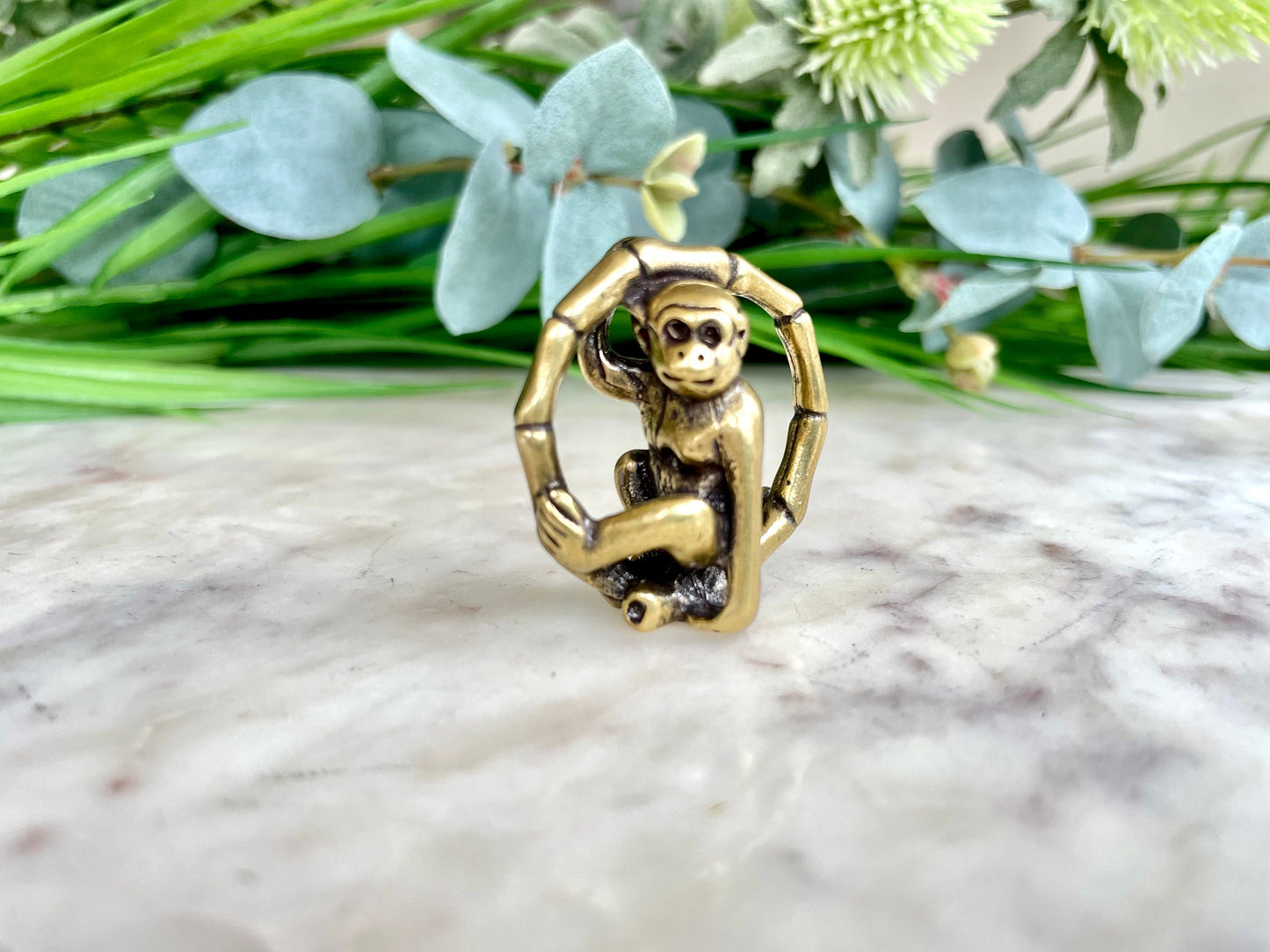 Solid Brass funny monkey on bamboo figurine , Metal Macaque figurine, Cute Gibbon Monkey sitting on bamboo miniature