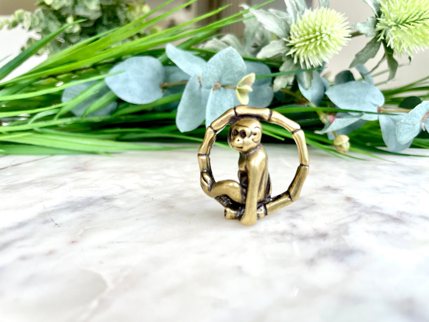 Solid Brass funny monkey on bamboo figurine , Metal Macaque figurine, Cute Gibbon Monkey sitting on bamboo miniature