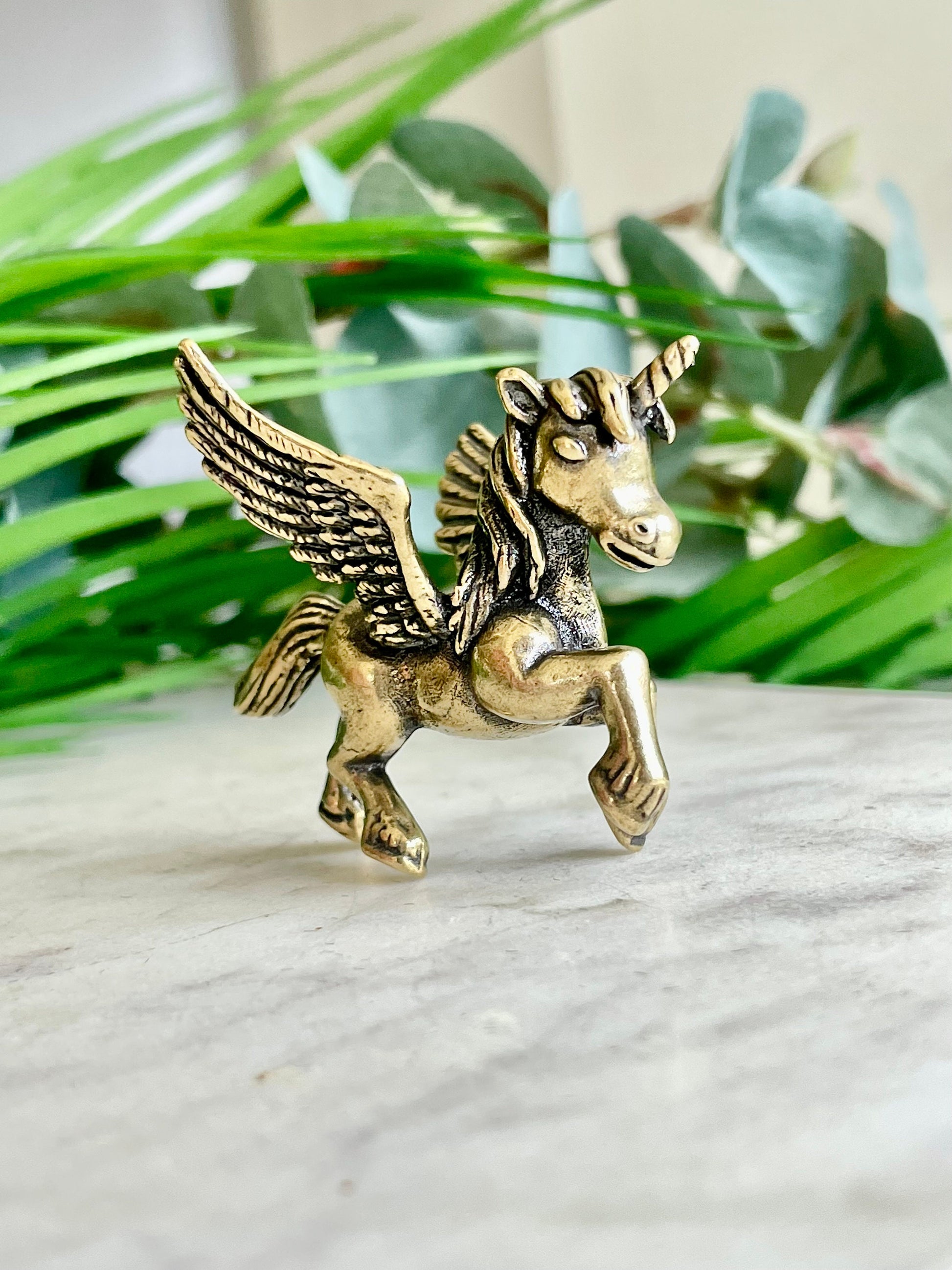 Adorable Pegasus miniature, solid brass unicorn figurine, cute little pony ornament gift, magical little present
