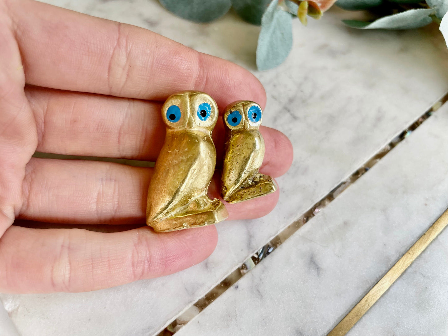 Couple of Vintage Brass Owls figurines, Wise Owl Desk Decor, Owl Family Figurine Statue