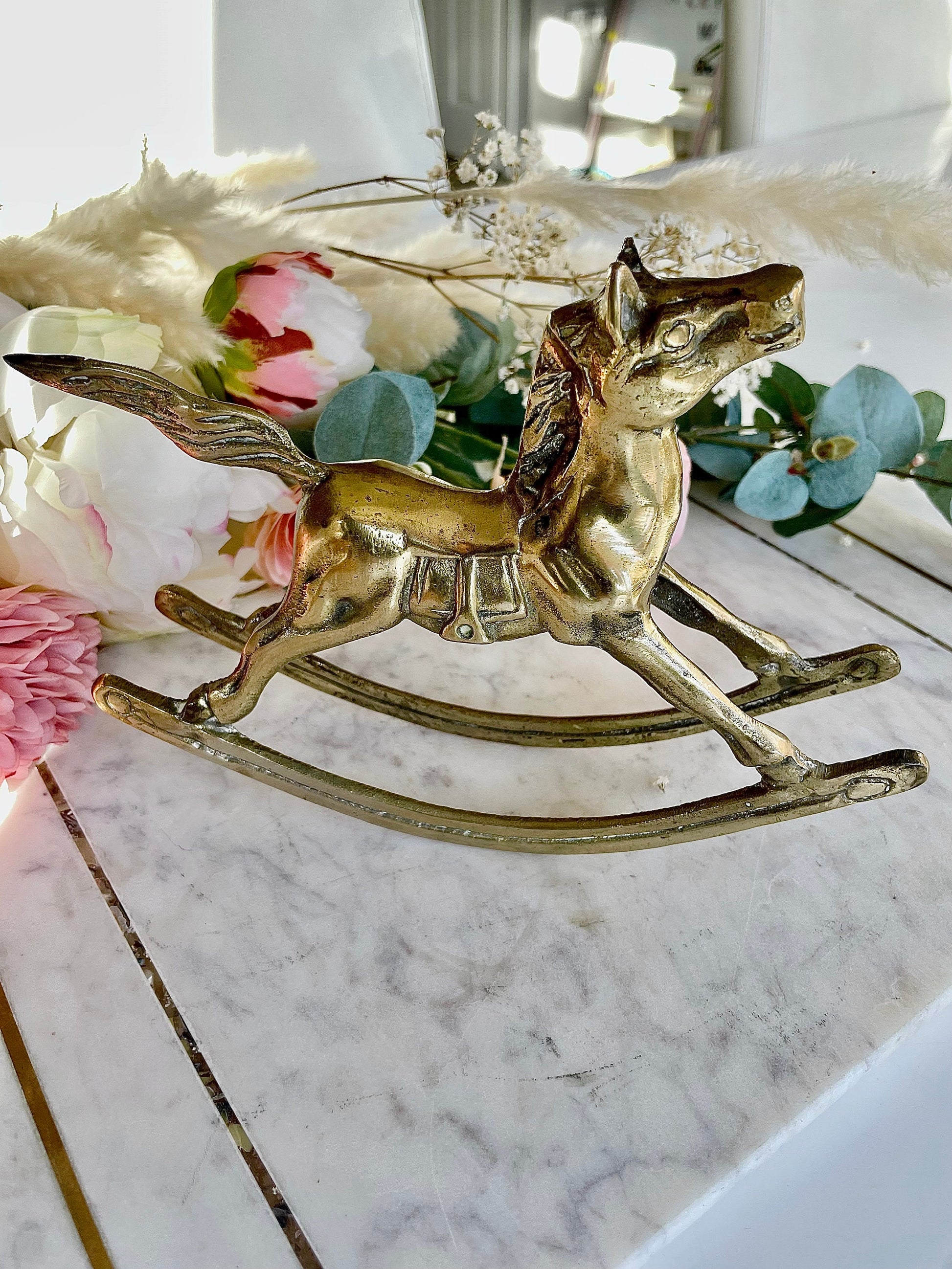 Vintage Solid Brass Rocking Horse - Home Decor Equestrian Statue Figurine - Equine Statue - Nursery Kid's Room Animal Horse Home Decor