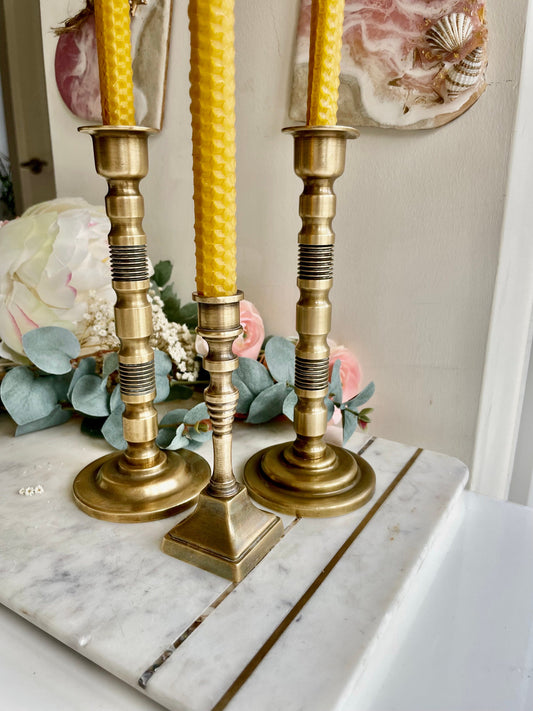 Set of three Vintage Solid brass candle holders Made in England, Antique brass candleholder