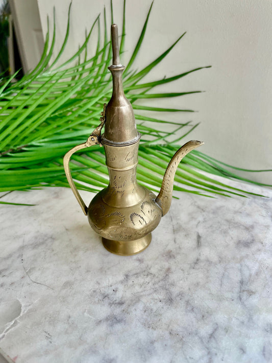 Retro Etch Pitcher, Middle of century Vintage small brass aftaba ewer or pitcher with etching