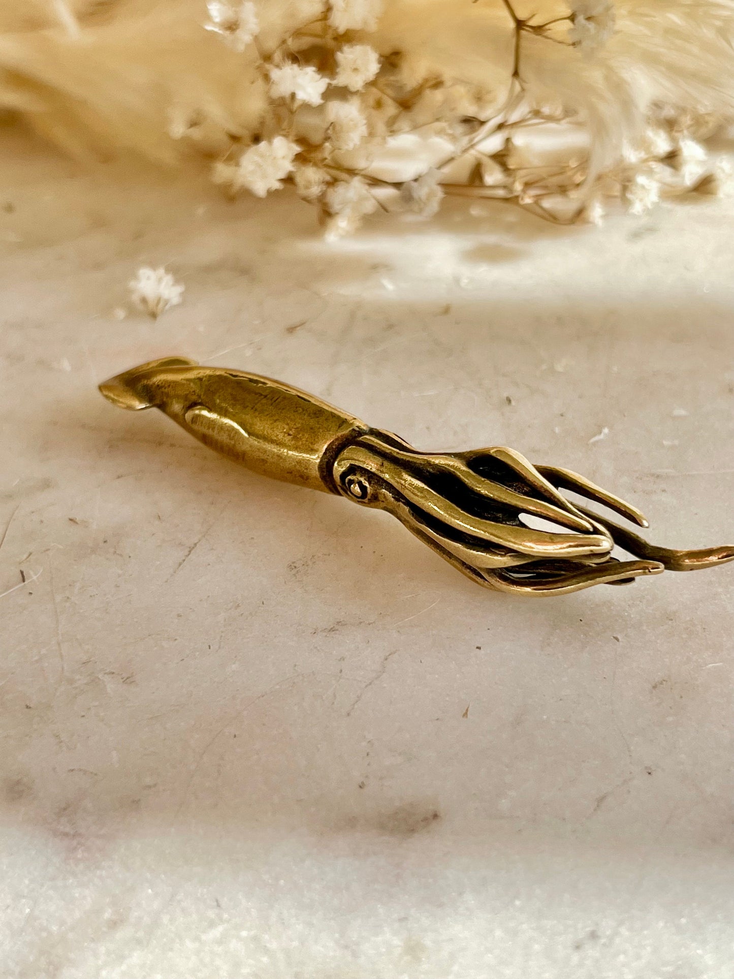 Solid Brass Squid Miniature, Sea themed ornament, Evoking the Wonders of the Sea, Calamari Figurine