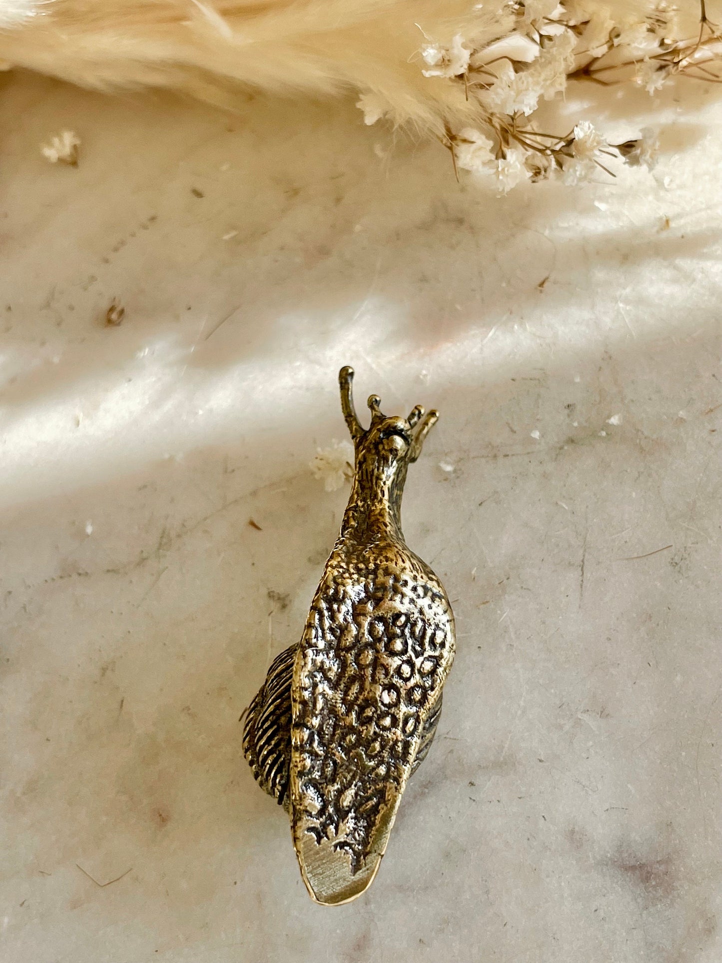 Solid brass Happy Garden Snail Miniature, Metal Snail figurine, lifelike solid brass shelled gastropod ornament