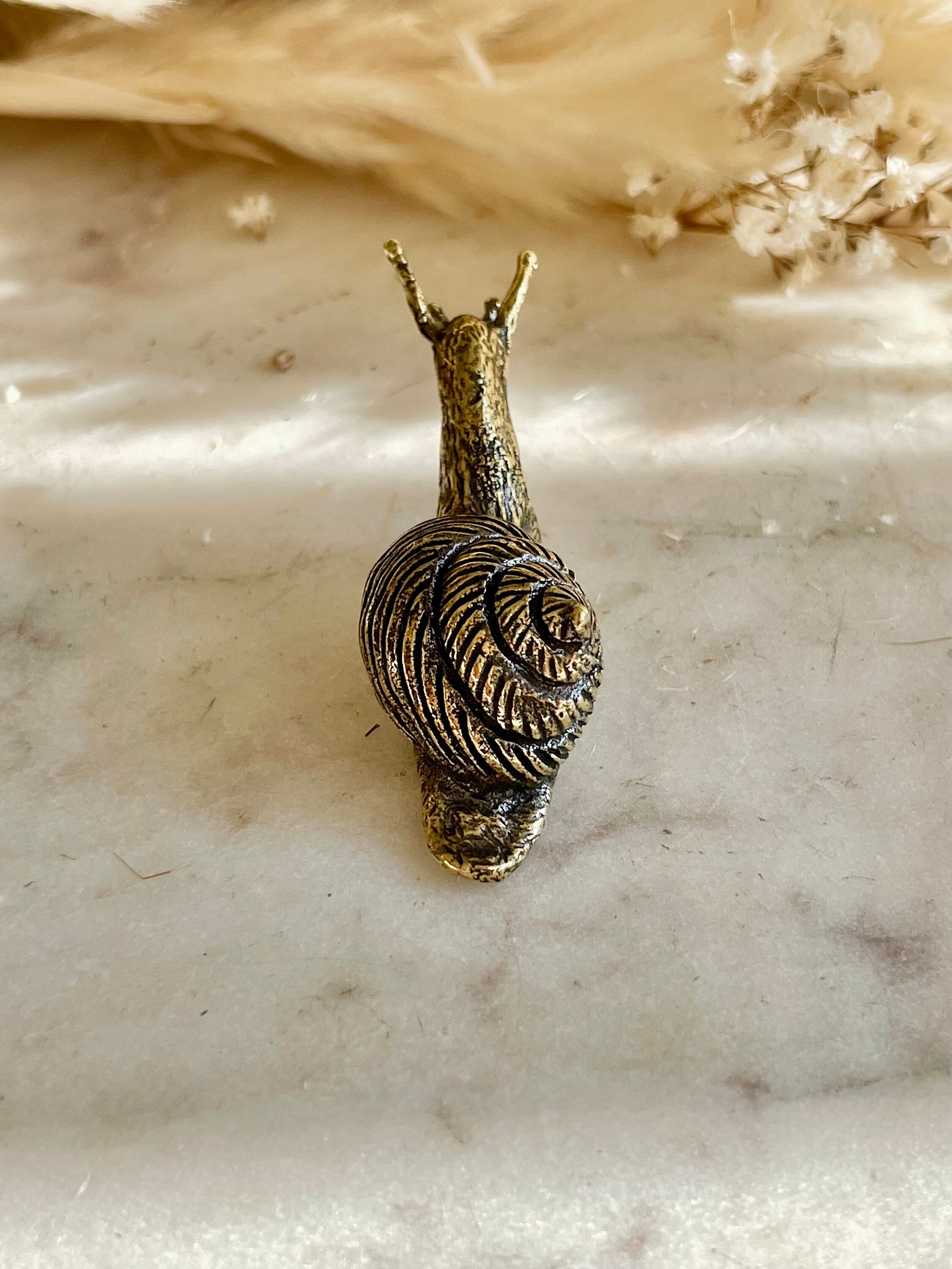 Solid brass Happy Garden Snail Miniature, Metal Snail figurine, lifelike solid brass shelled gastropod ornament