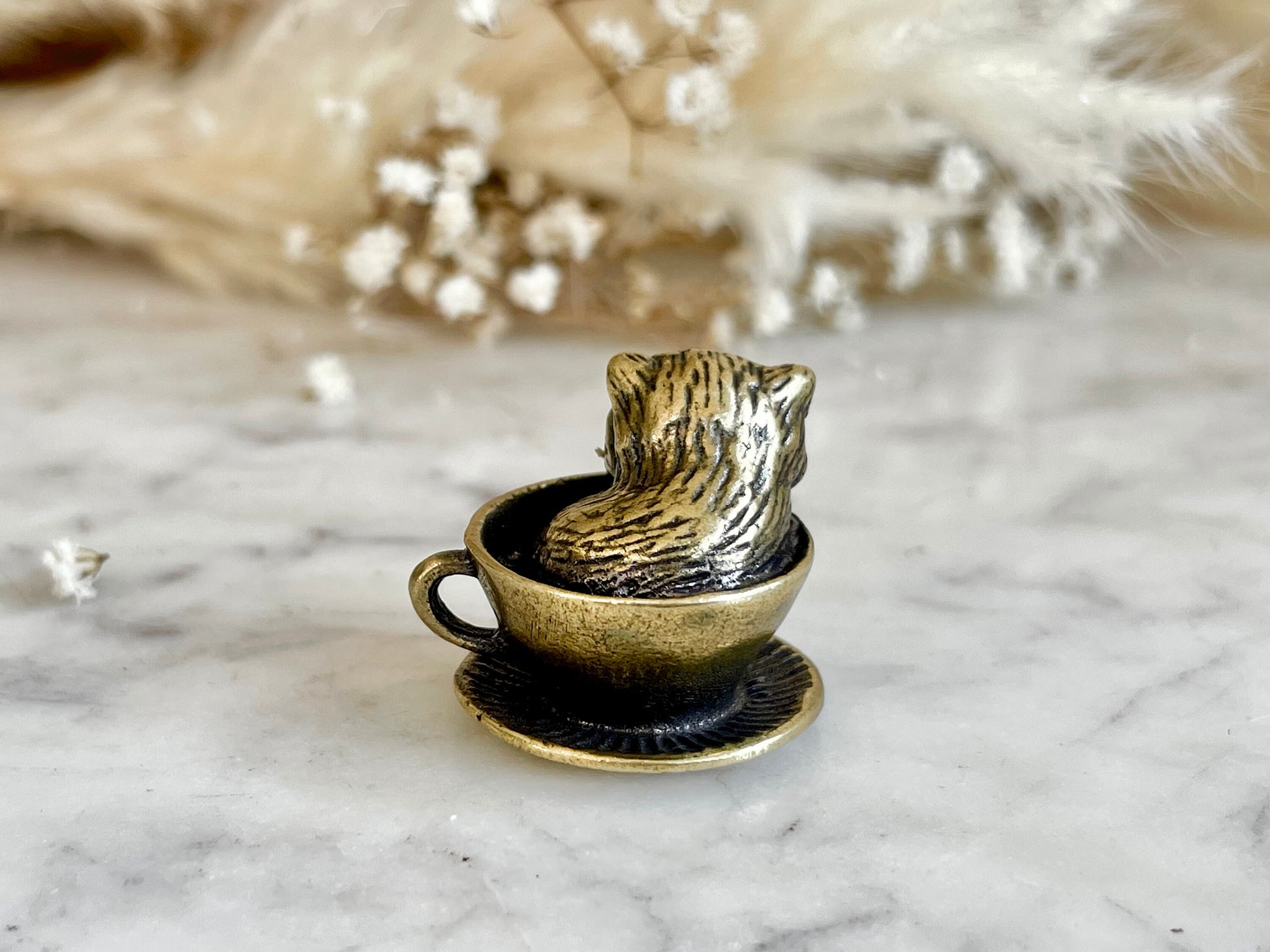Adorable solid brass kitten in a cup statuette, little metal cat figurine, cute little Persian kitty miniature, thoughtful gift cat lover