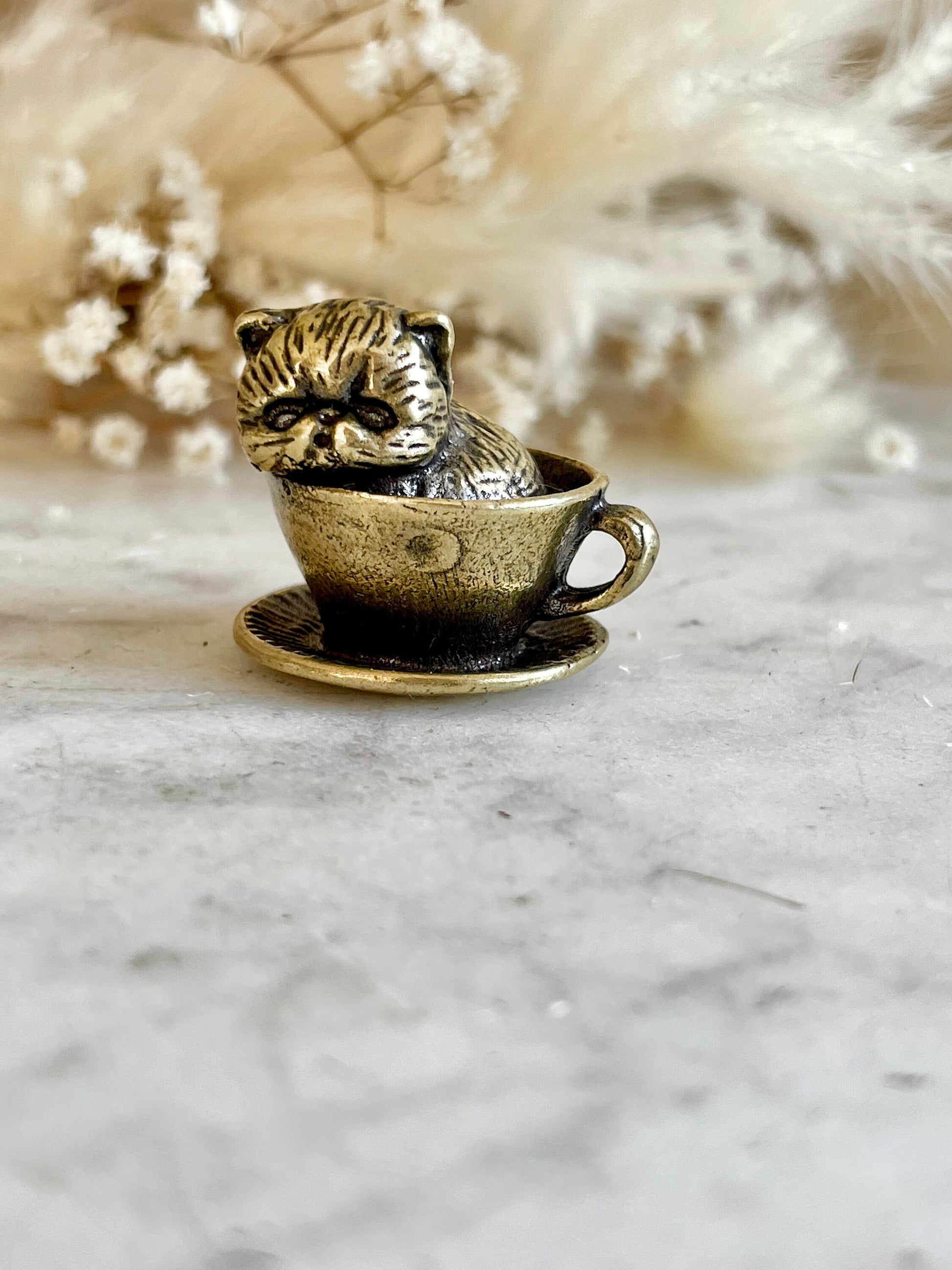 Adorable solid brass kitten in a cup statuette, little metal cat figurine, cute little Persian kitty miniature, thoughtful gift cat lover