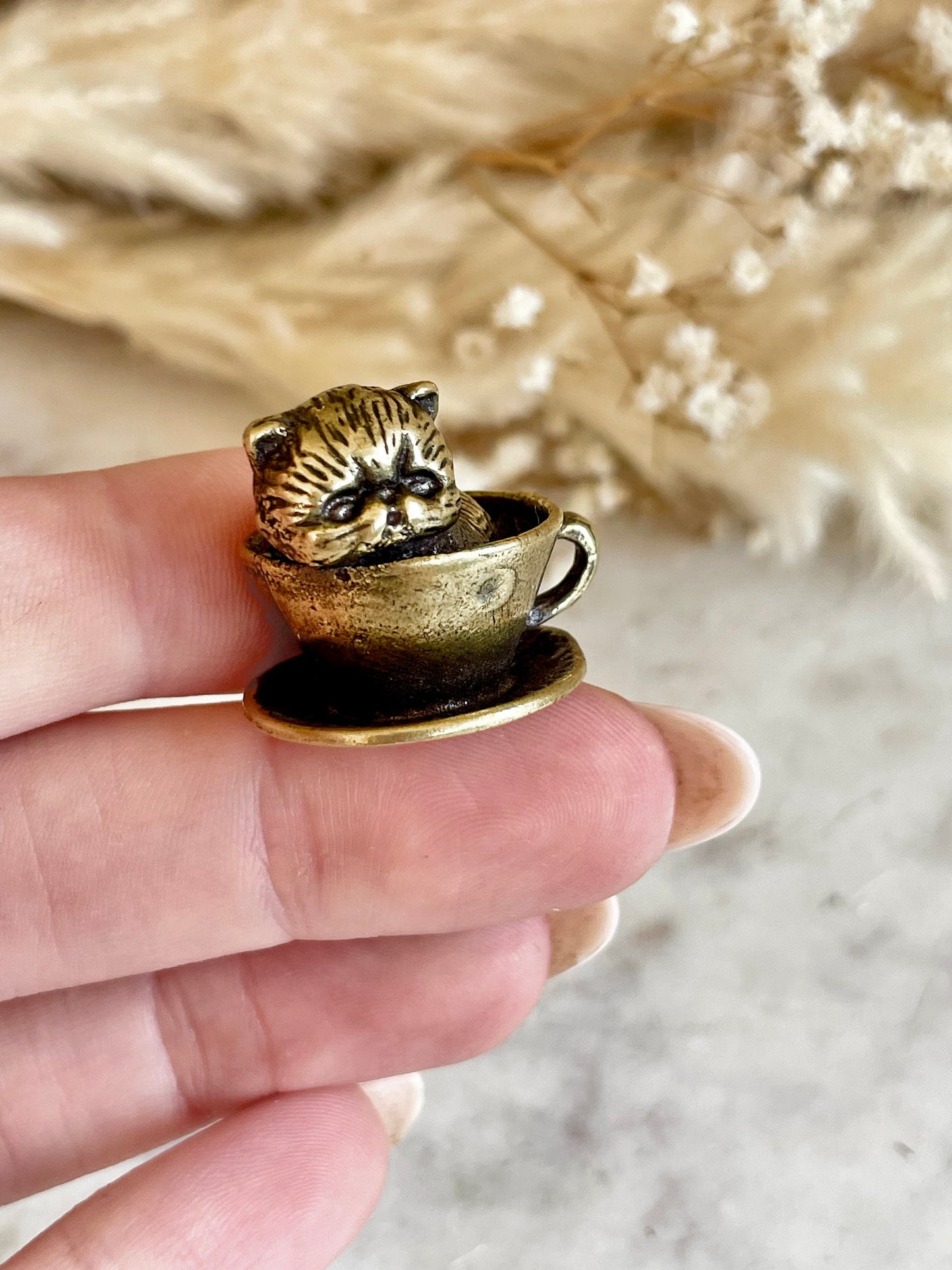 Adorable solid brass kitten in a cup statuette, little metal cat figurine, cute little Persian kitty miniature, thoughtful gift cat lover