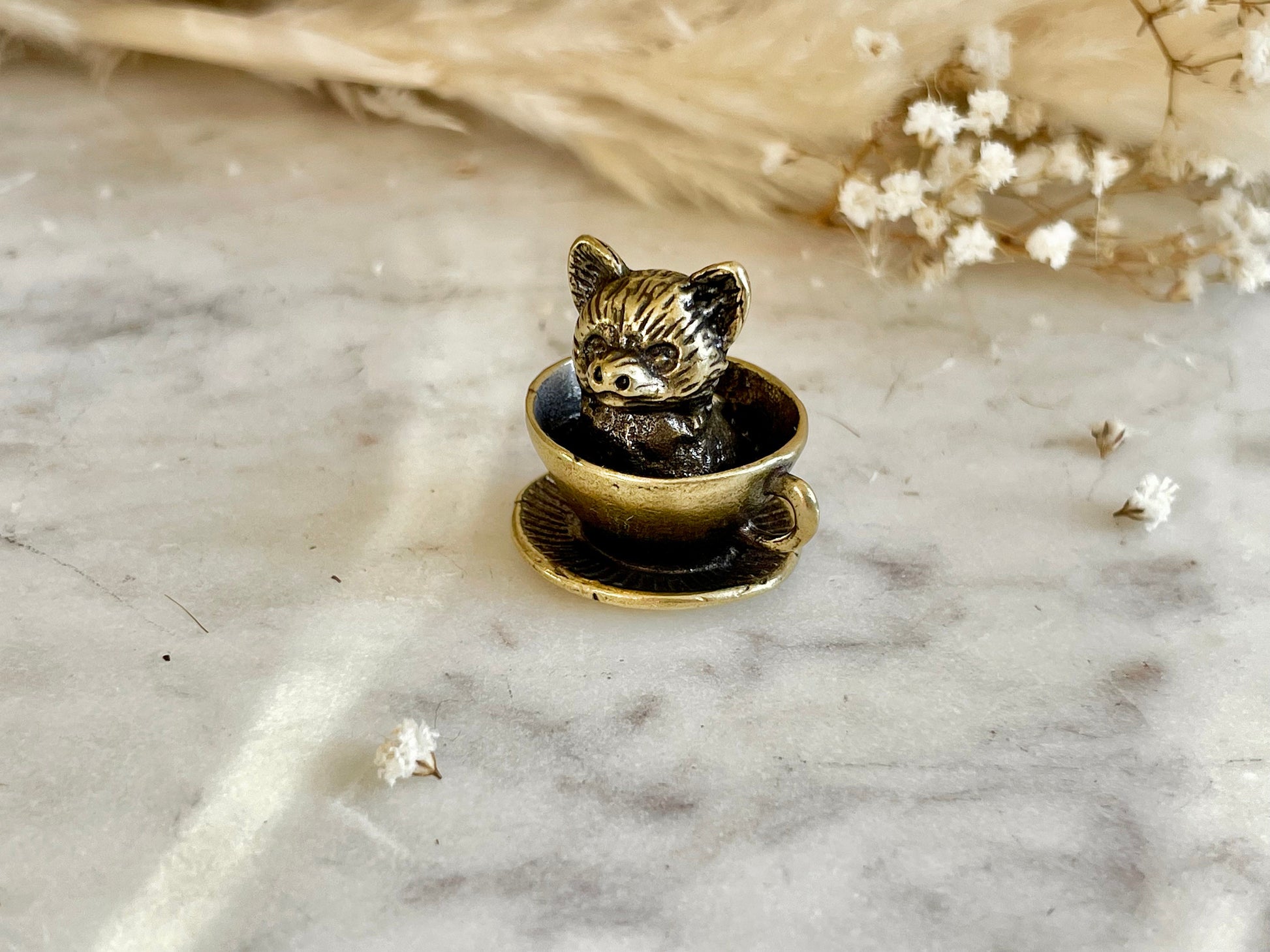 Adorable solid brass puppy in a cup statuette, little metal dog figurine, cute little Pomeranian puppy miniature, dog lover gift