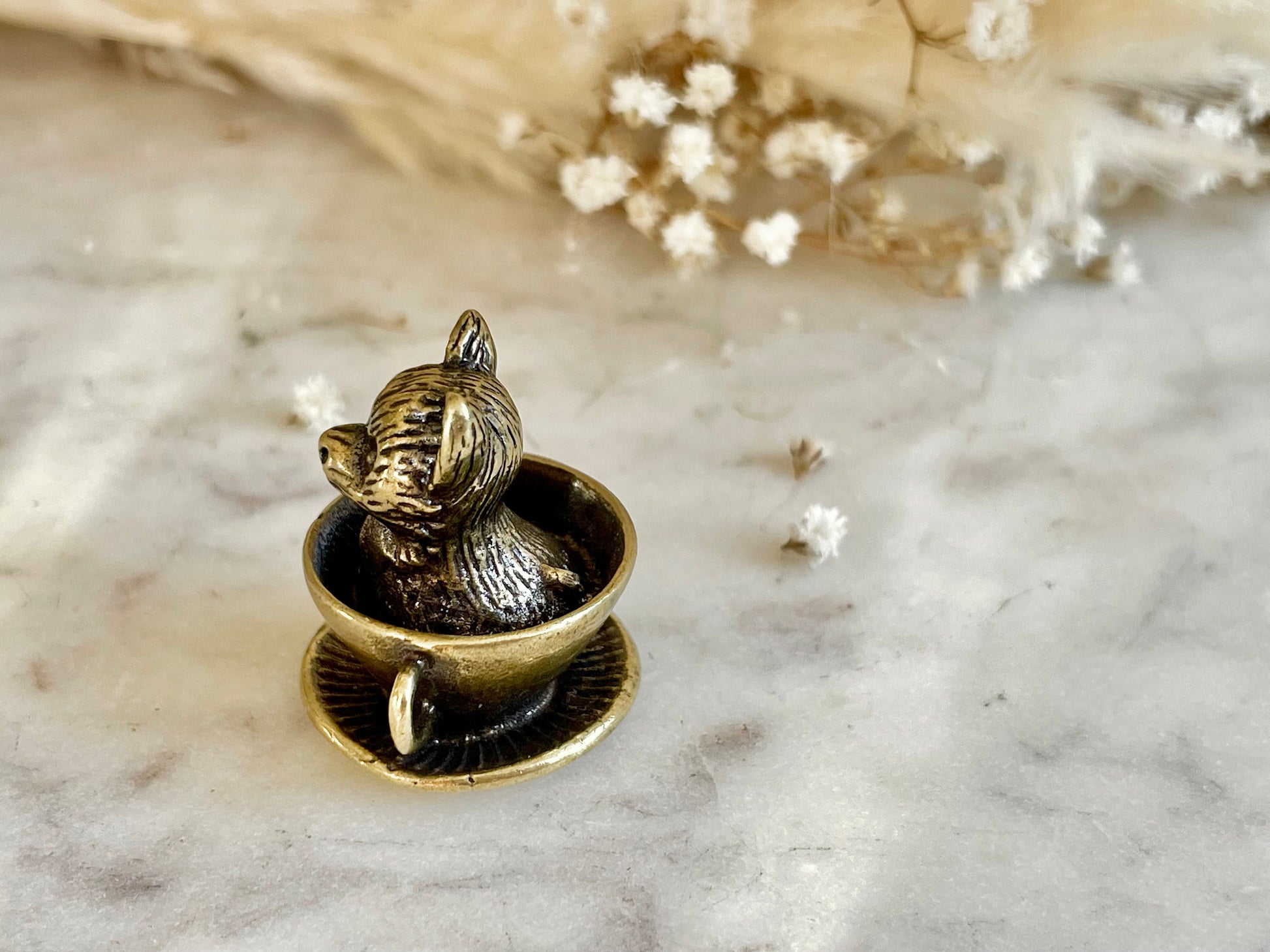 Adorable solid brass puppy in a cup statuette, little metal dog figurine, cute little Pomeranian puppy miniature, dog lover gift