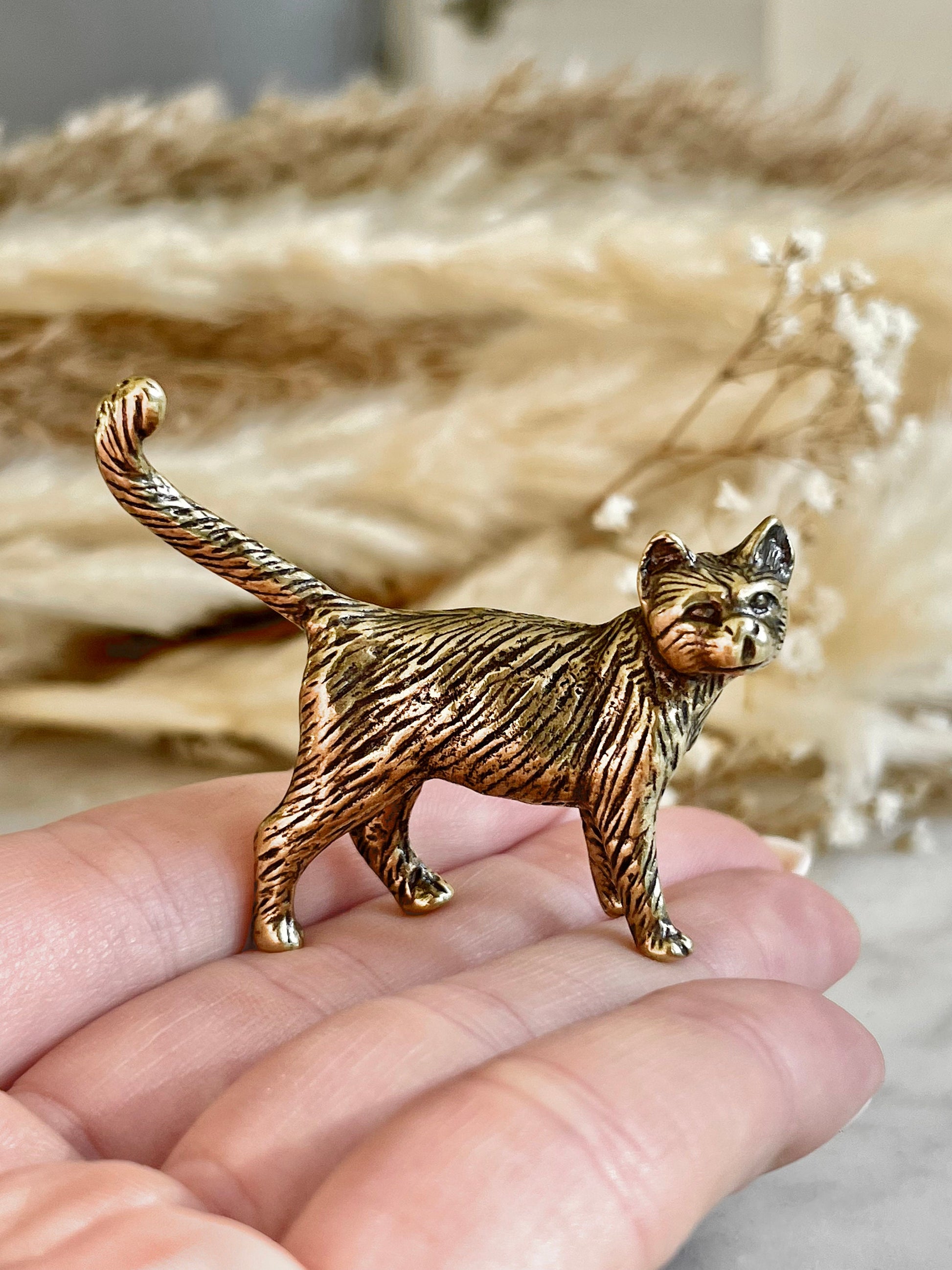 Brass Kitty Keepsake, little cat metal figurine, solid brass cat statue, kitten miniature, cat lover gift