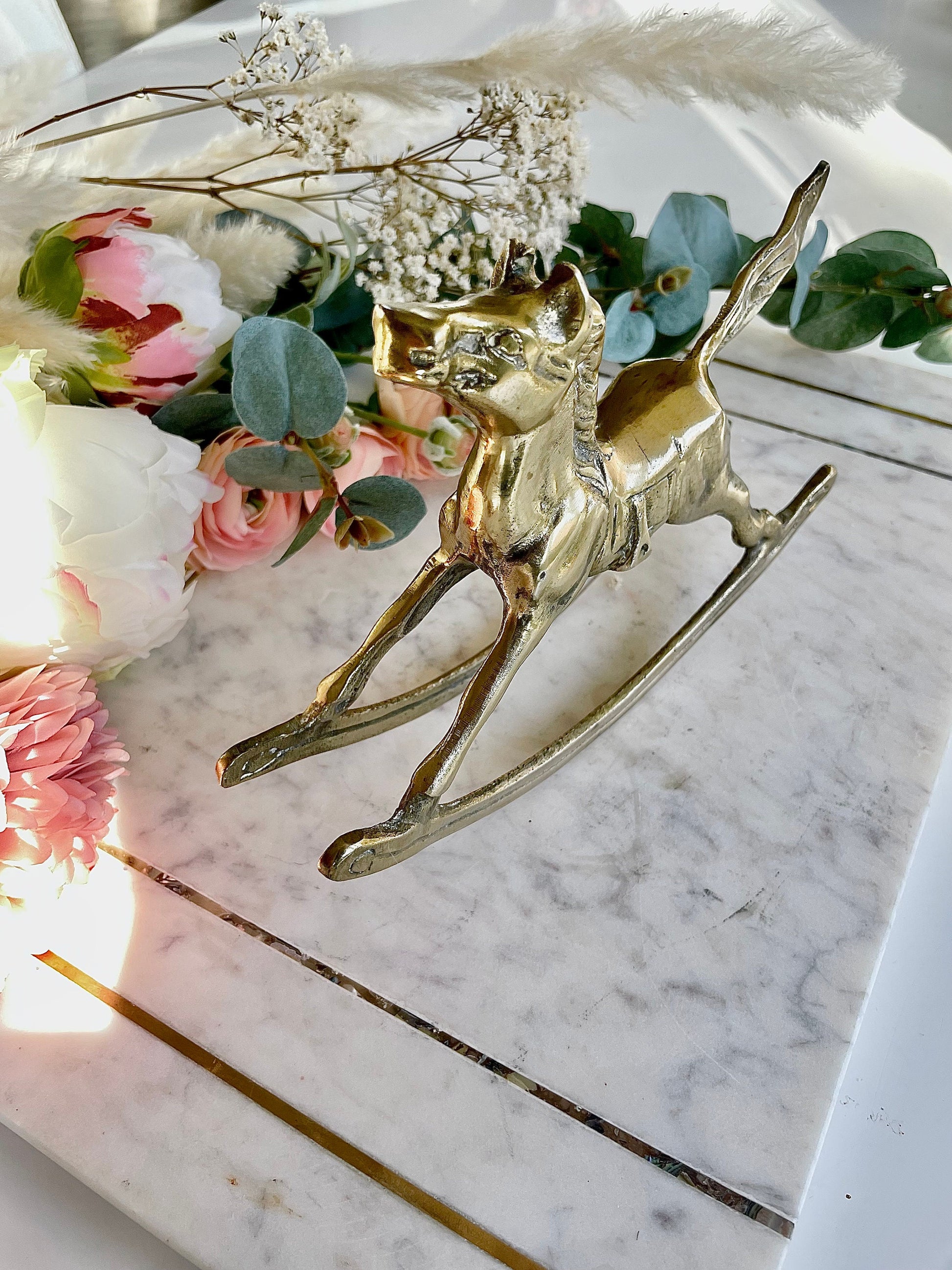 Vintage Solid Brass Rocking Horse - Home Decor Equestrian Statue Figurine - Equine Statue - Nursery Kid's Room Animal Horse Home Decor