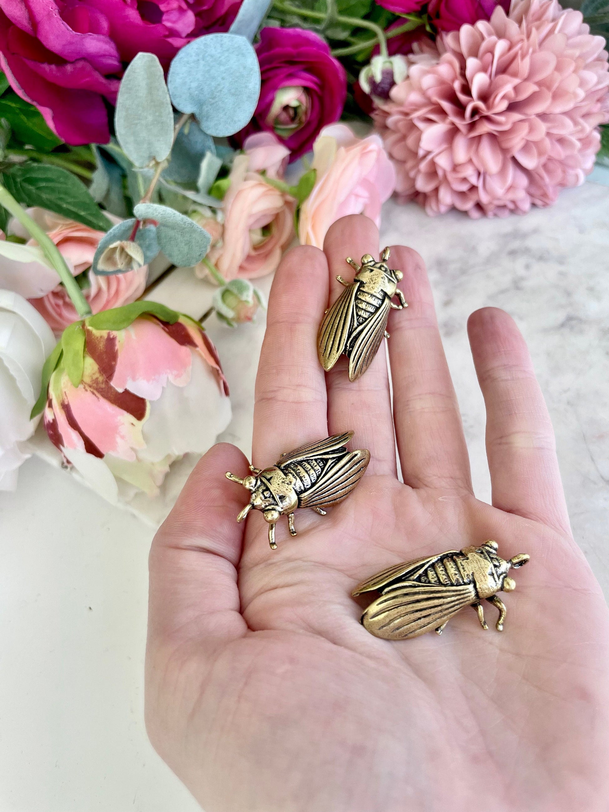 Cicada Pendant Charms, Fly Brass Necklace, realistic insects keyring