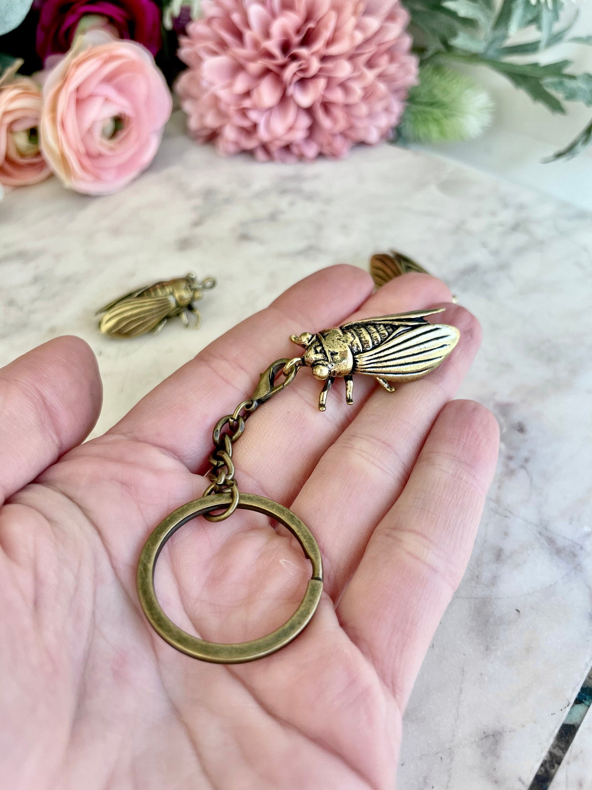 Cicada Pendant Charms, Fly Brass Necklace, realistic insects keyring