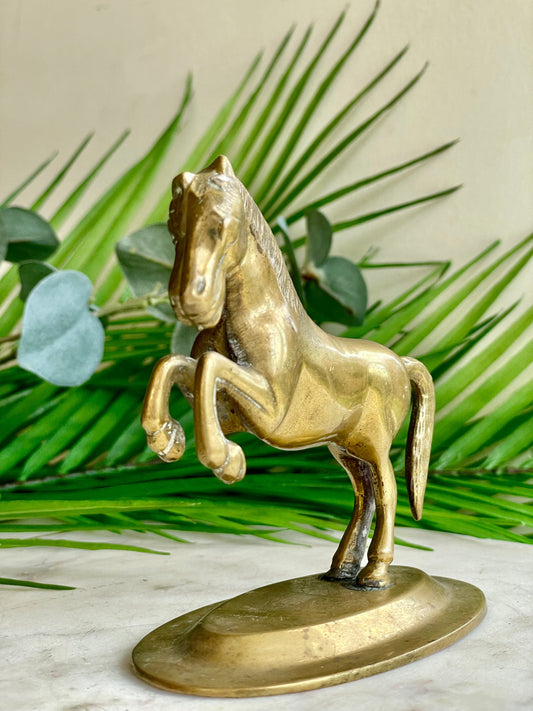 Vintage Solid brass horse statue, Cast metal, Midcentury Equestrian ornament, Golden Stallion Statue