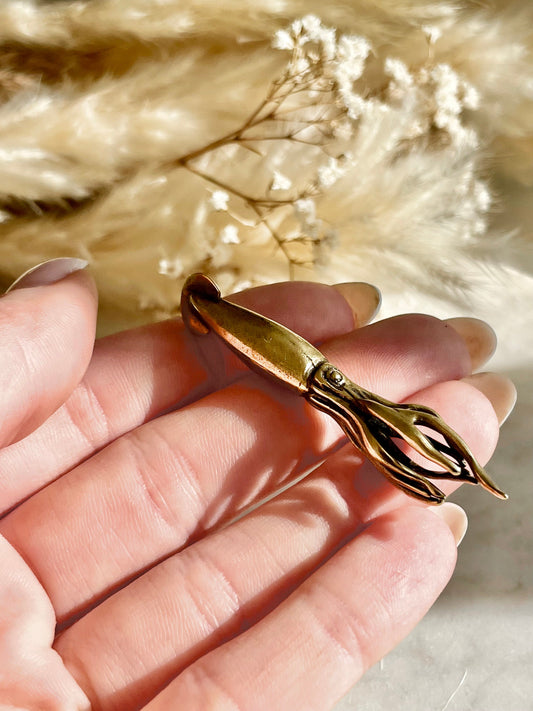 Solid Brass Squid Miniature, Sea themed ornament, Evoking the Wonders of the Sea, Calamari Figurine