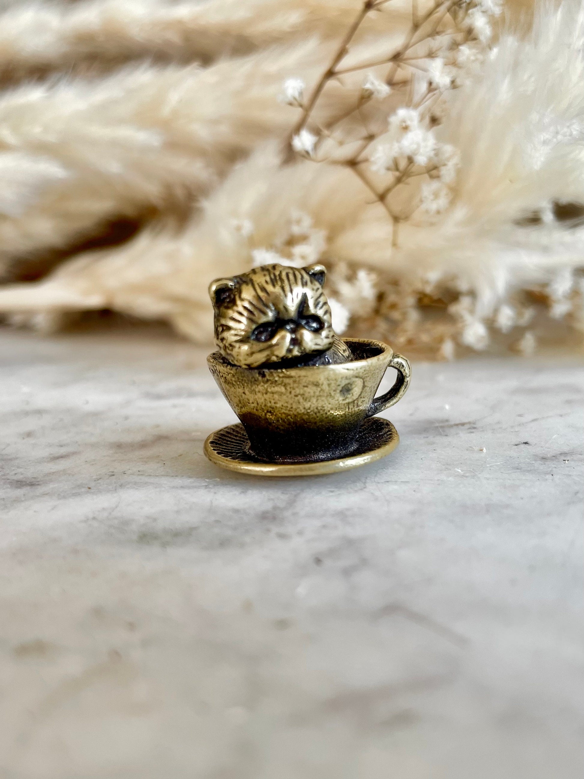 Adorable solid brass kitten in a cup statuette, little metal cat figurine, cute little Persian kitty miniature, thoughtful gift cat lover