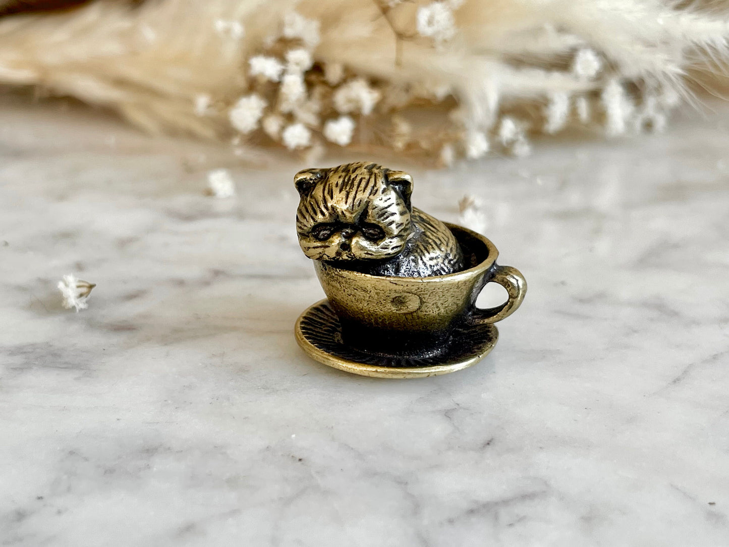 Adorable solid brass kitten in a cup statuette, little metal cat figurine, cute little Persian kitty miniature, thoughtful gift cat lover