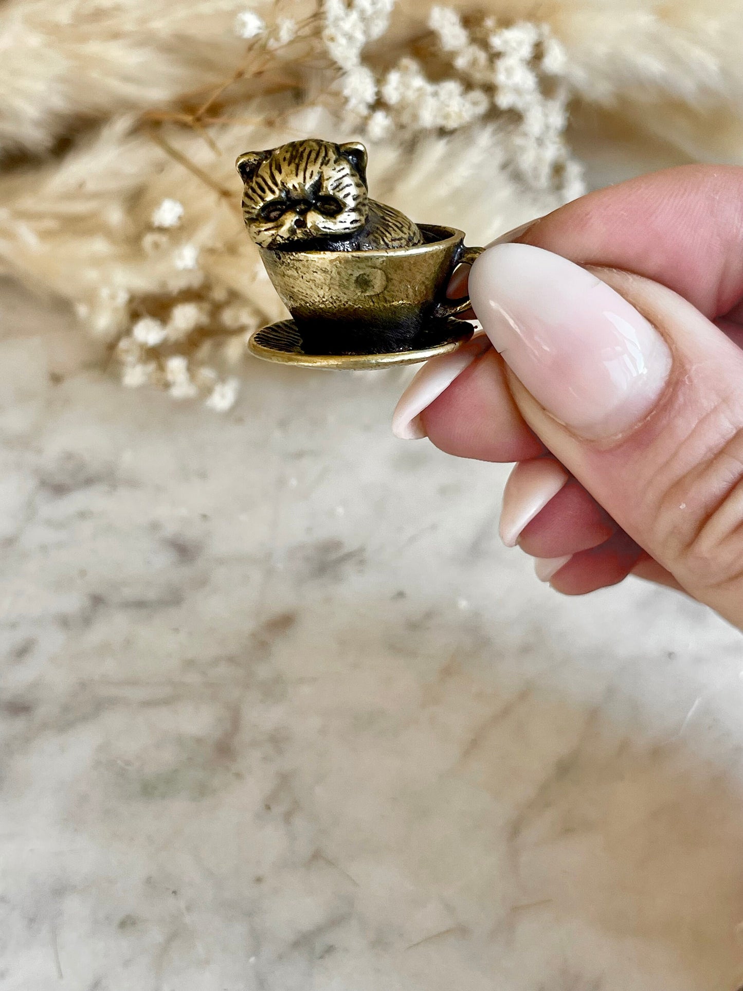 Adorable solid brass kitten in a cup statuette, little metal cat figurine, cute little Persian kitty miniature, thoughtful gift cat lover