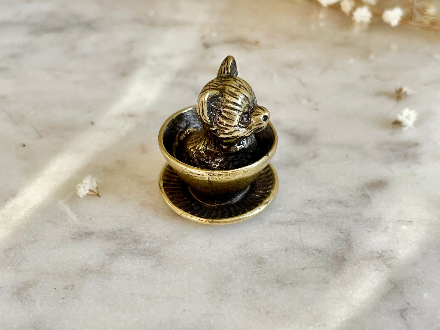 Adorable solid brass puppy in a cup statuette, little metal dog figurine, cute little Pomeranian puppy miniature, dog lover gift