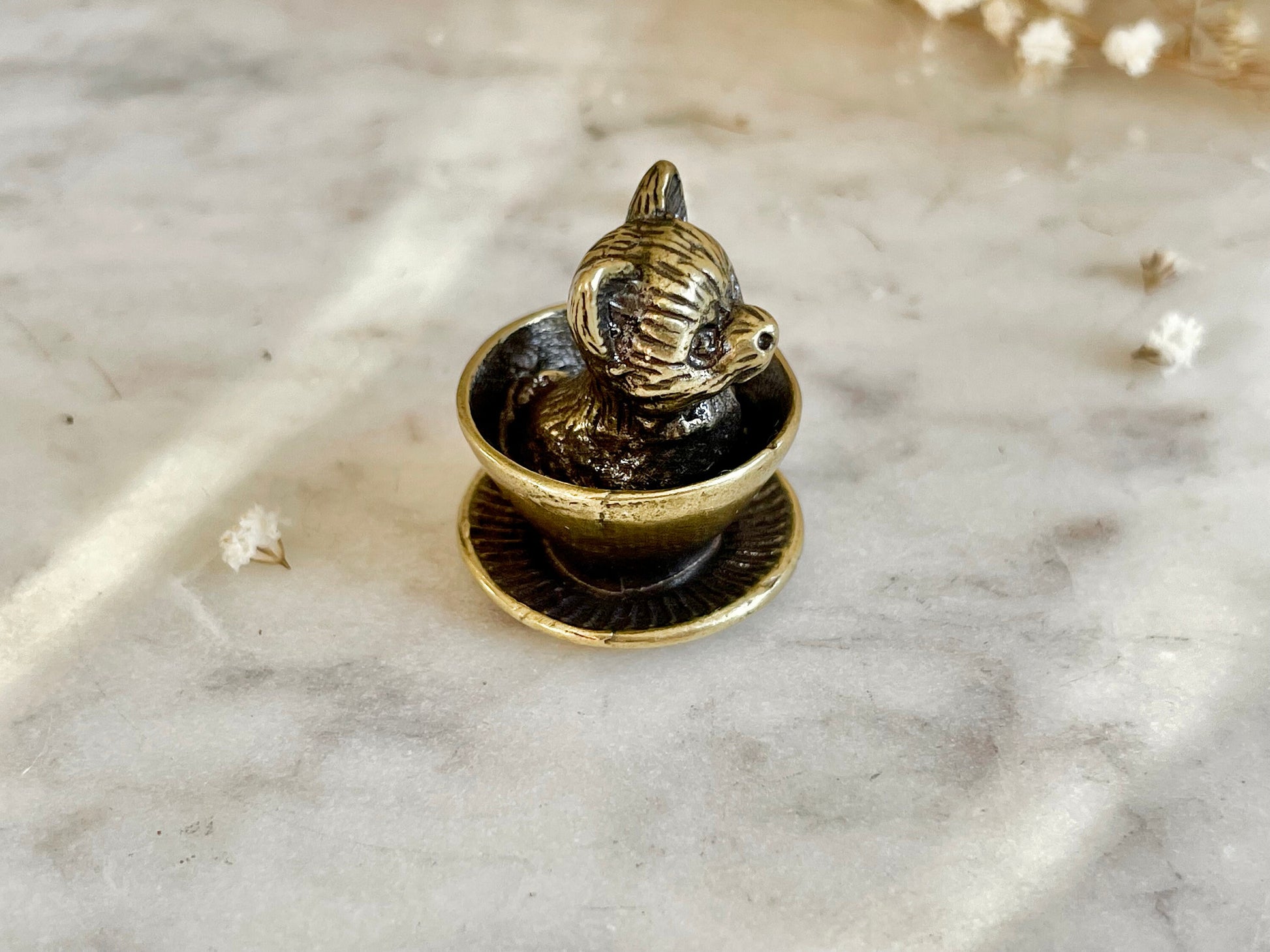 Adorable solid brass puppy in a cup statuette, little metal dog figurine, cute little Pomeranian puppy miniature, dog lover gift